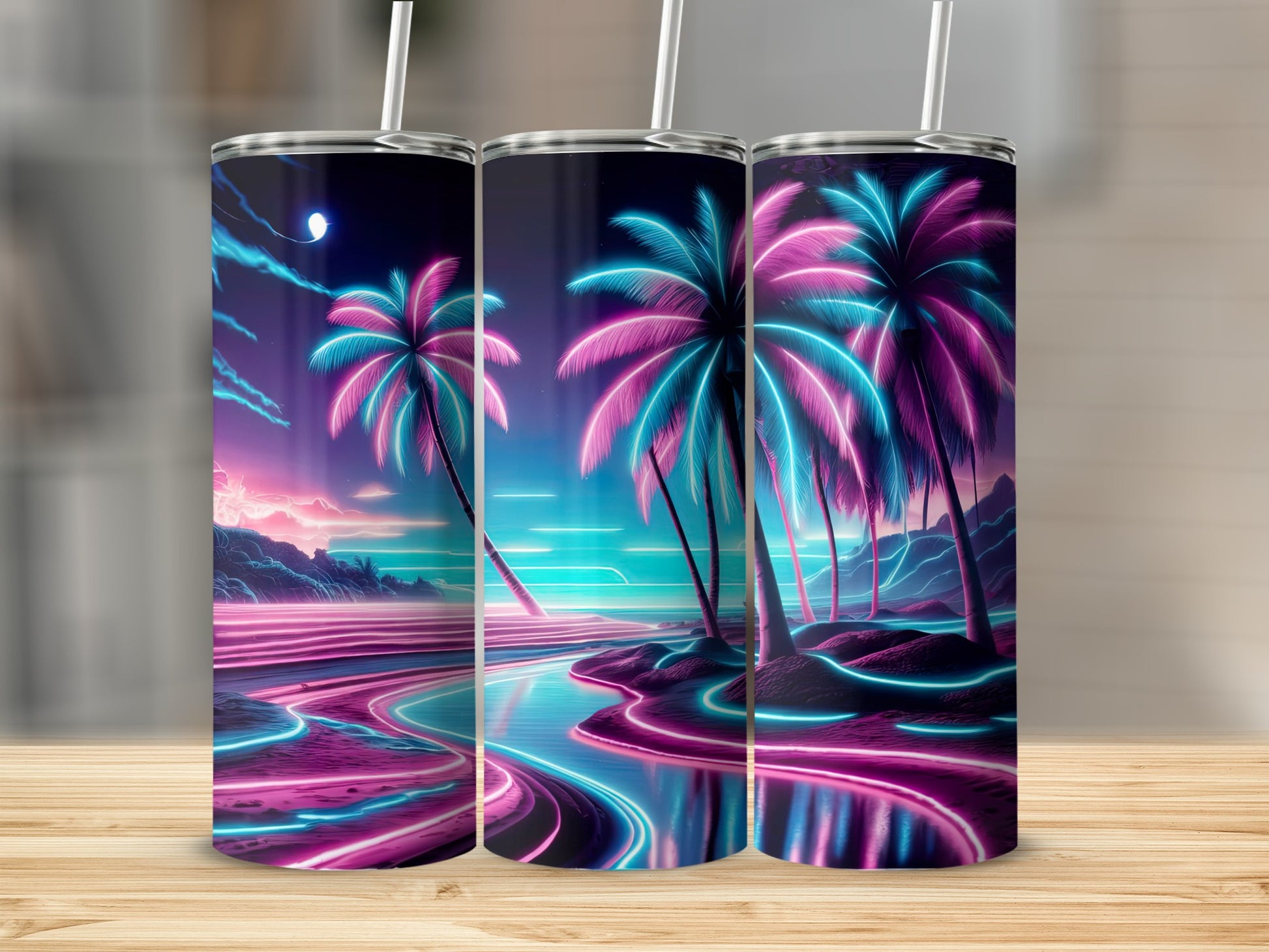 Three tumblers featuring a neon pink and blue tropical sunset with palm trees.