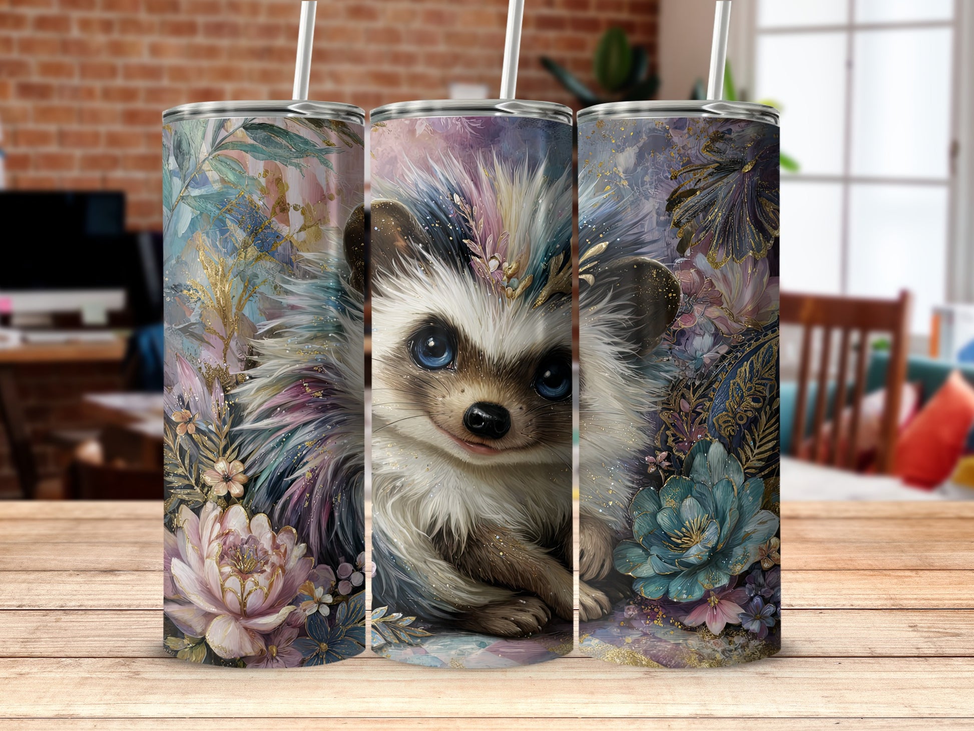 Adorable Hedgehog in Floral Design Tumbler Cup