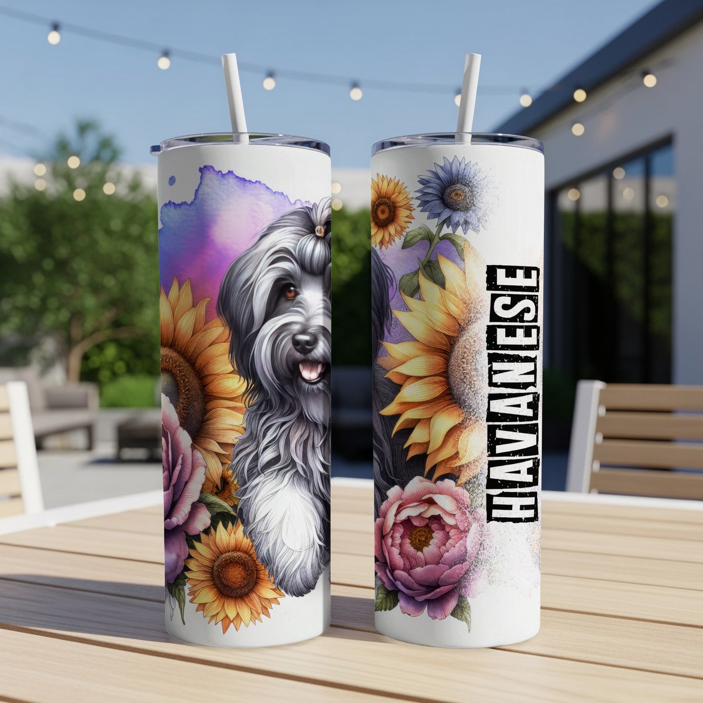 Havanese dog with sunflowers and peonies on a tumbler.