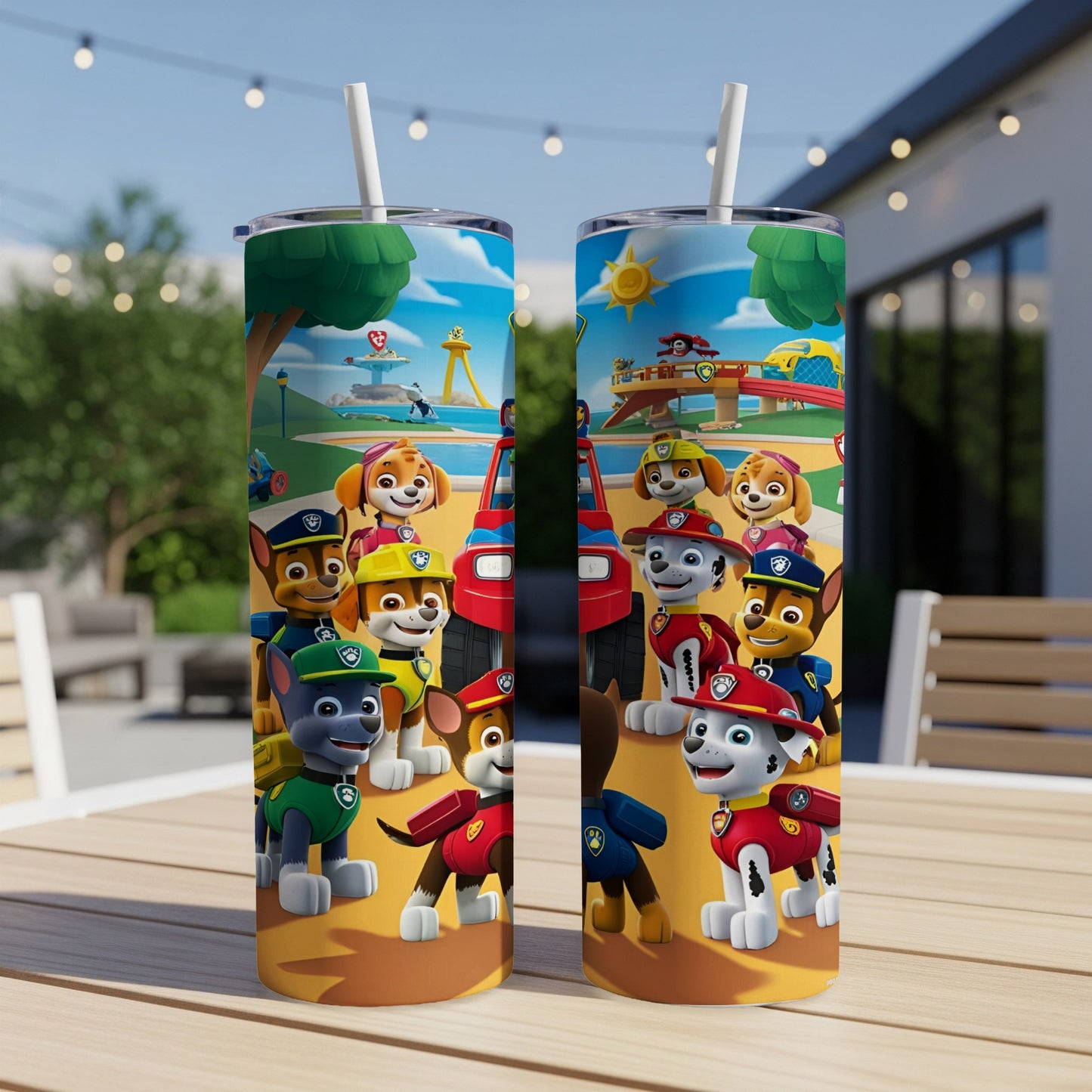 Two Paw Patrol tumblers featuring Chase, Marshall, and Rubble.