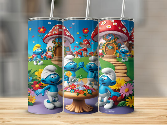 Three Smurfs cups with mushroom houses and flowers in the background.