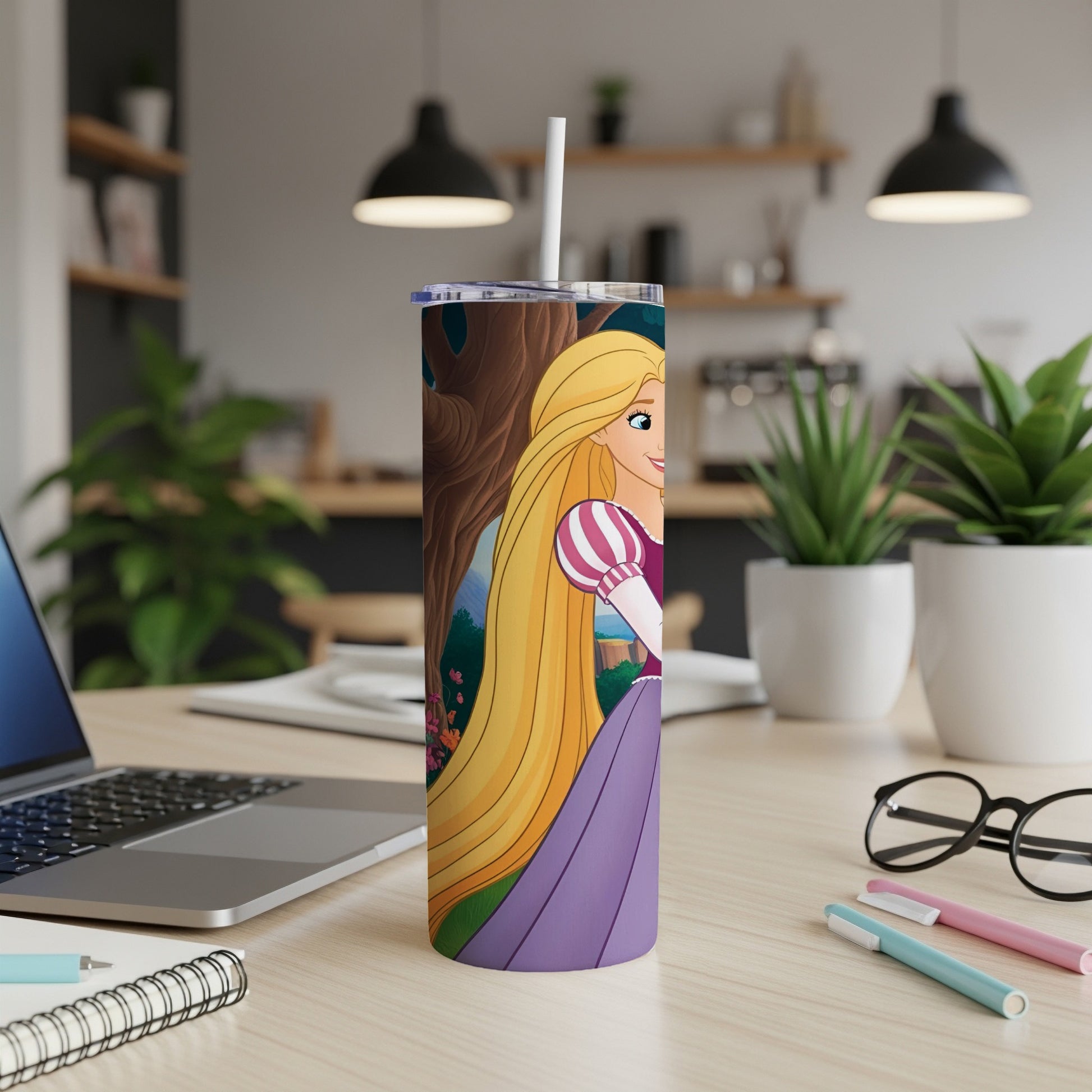 Rapunzel from Tangled on a purple tumbler with a straw.