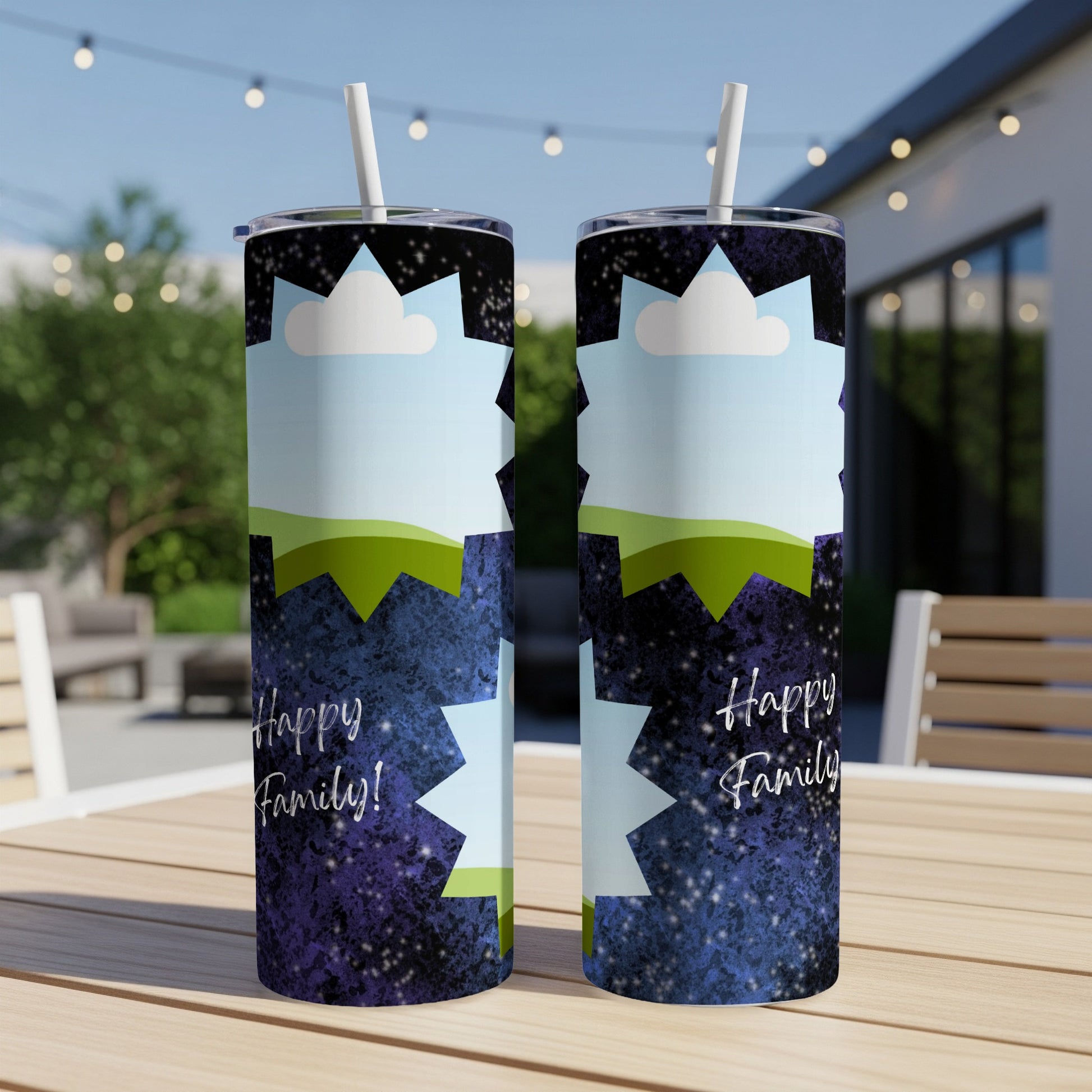 Two tumblers with "Happy Family!" text and a starry sky landscape design.