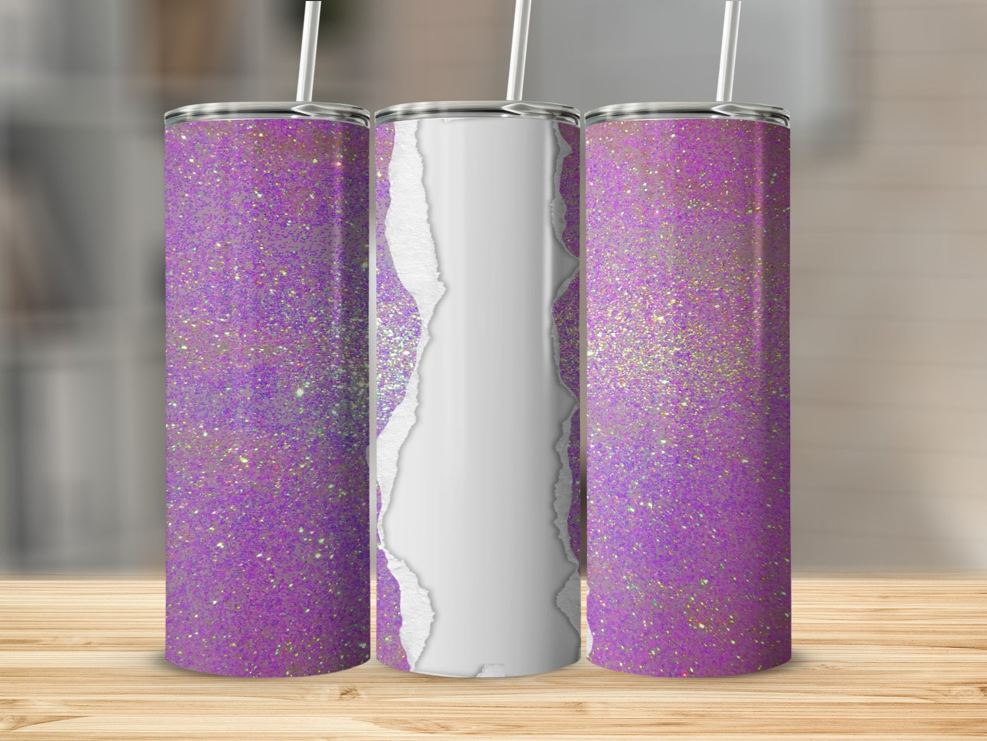 Three purple glitter tumblers with white ripped paper overlay on a wooden surface.
