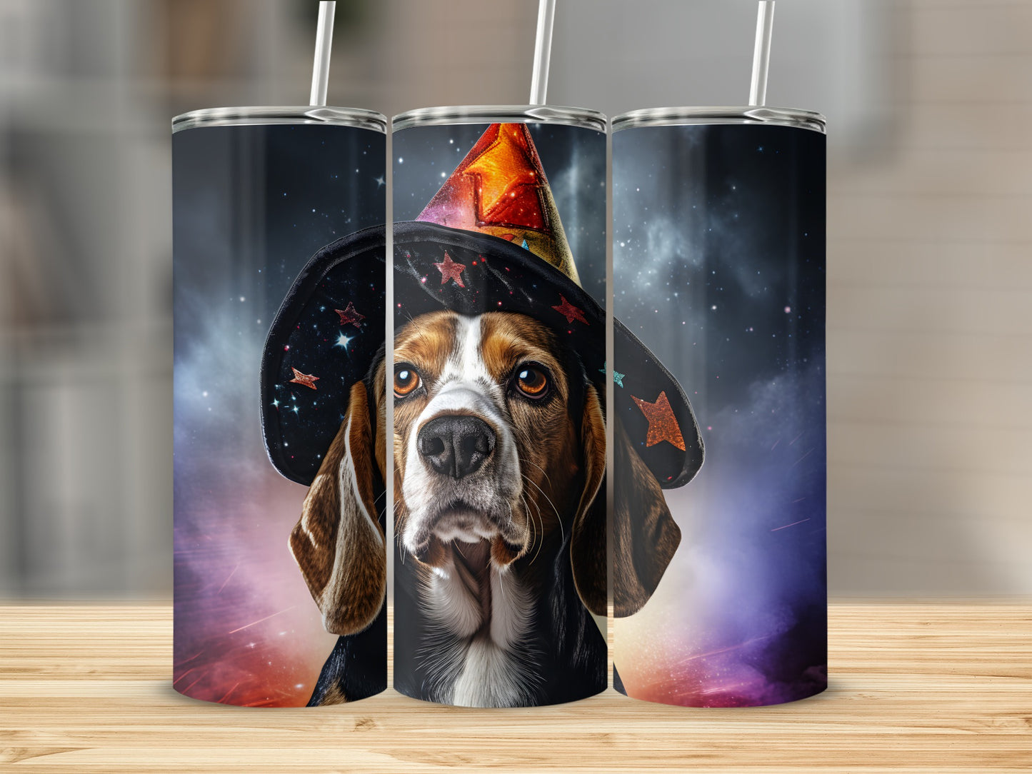 Beagle dog wearing a wizard hat with stars against a cosmic background on a tumbler.