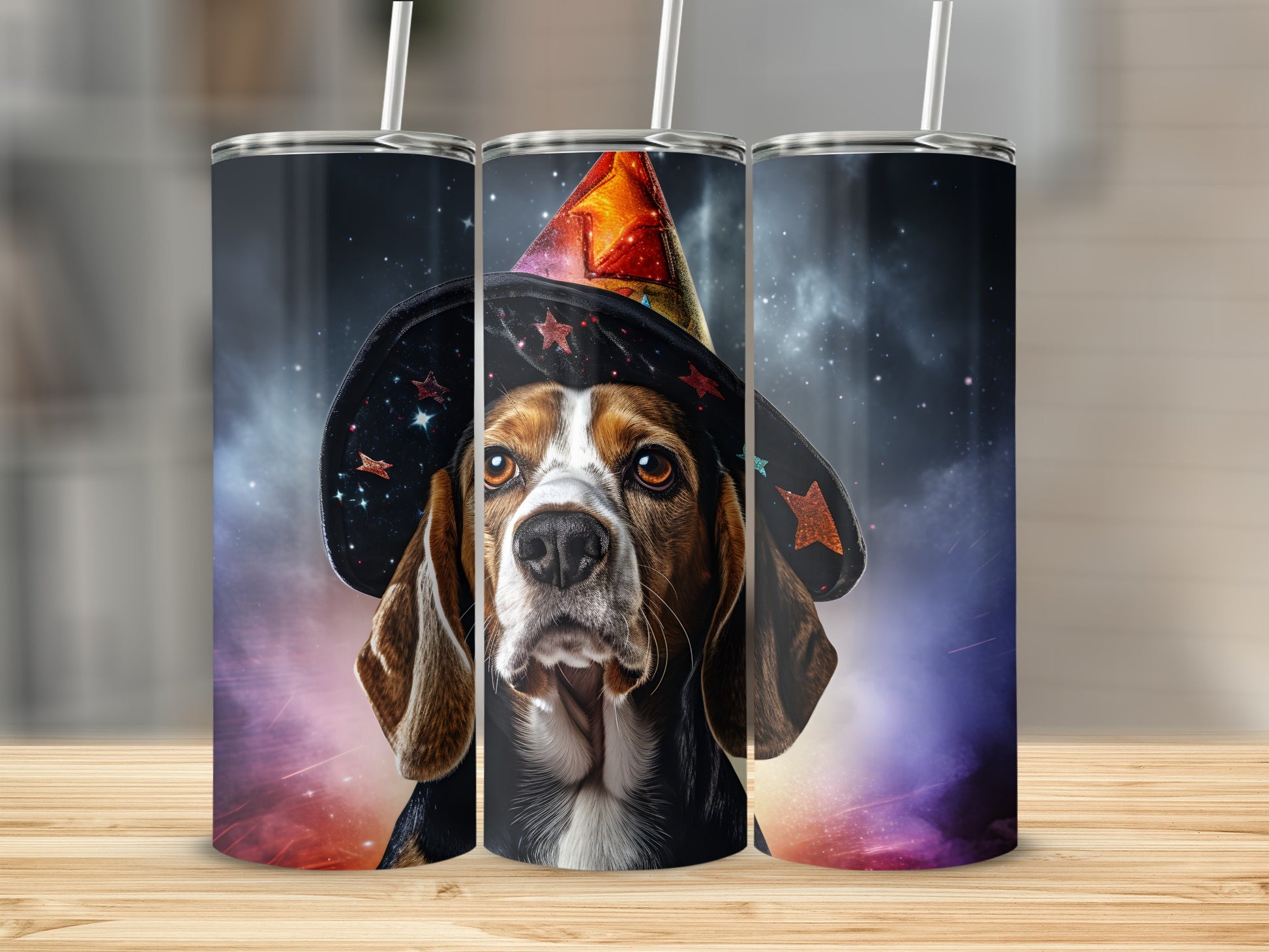 Beagle dog wearing a wizard hat with stars against a cosmic background on a tumbler.