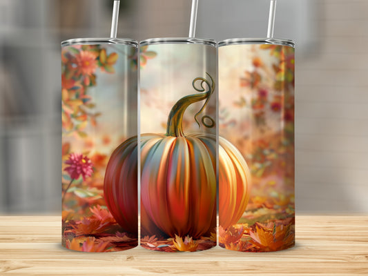 Three tumblers featuring a large, colorful pumpkin and autumn leaves.
