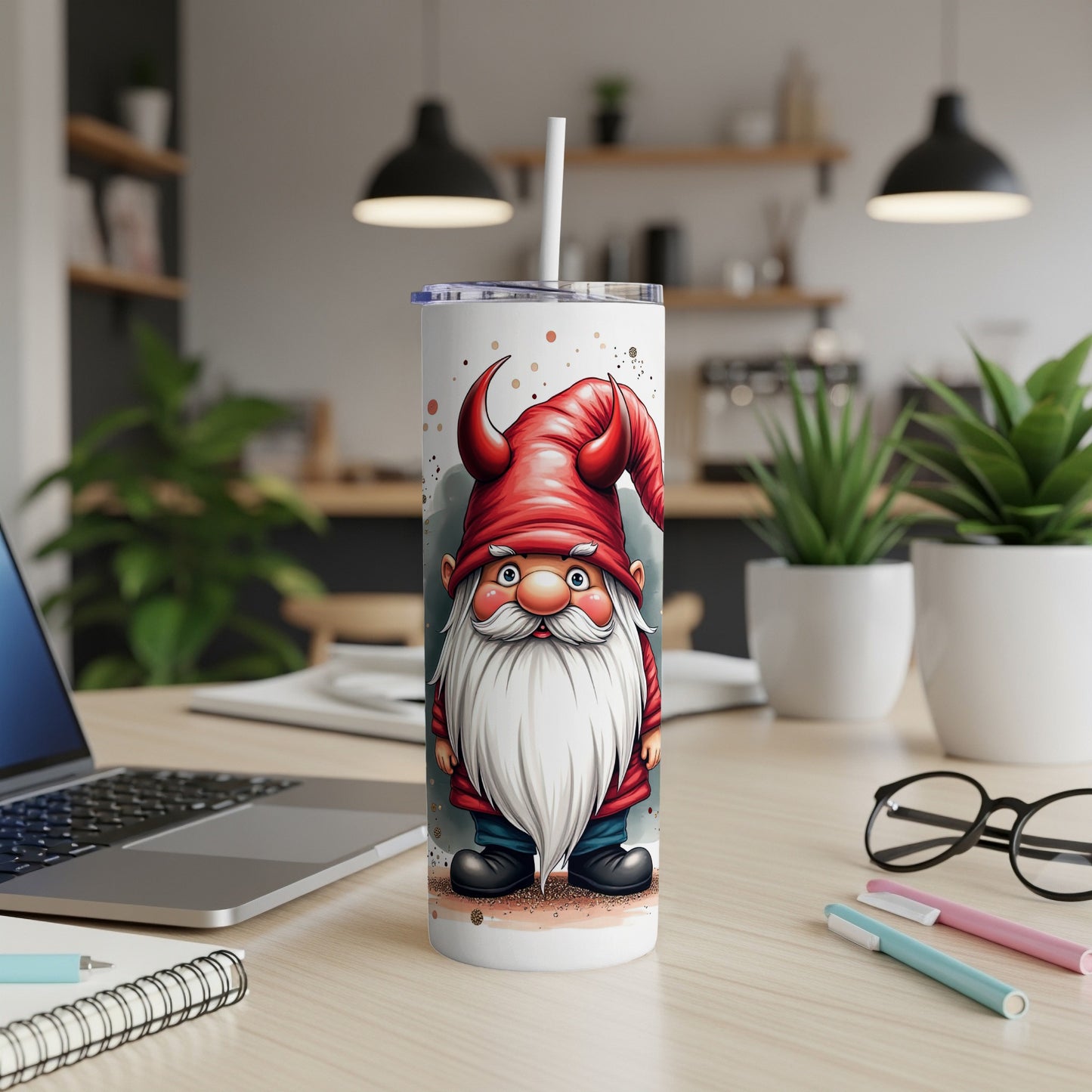 Santa gnome tumbler with red hat and white beard.