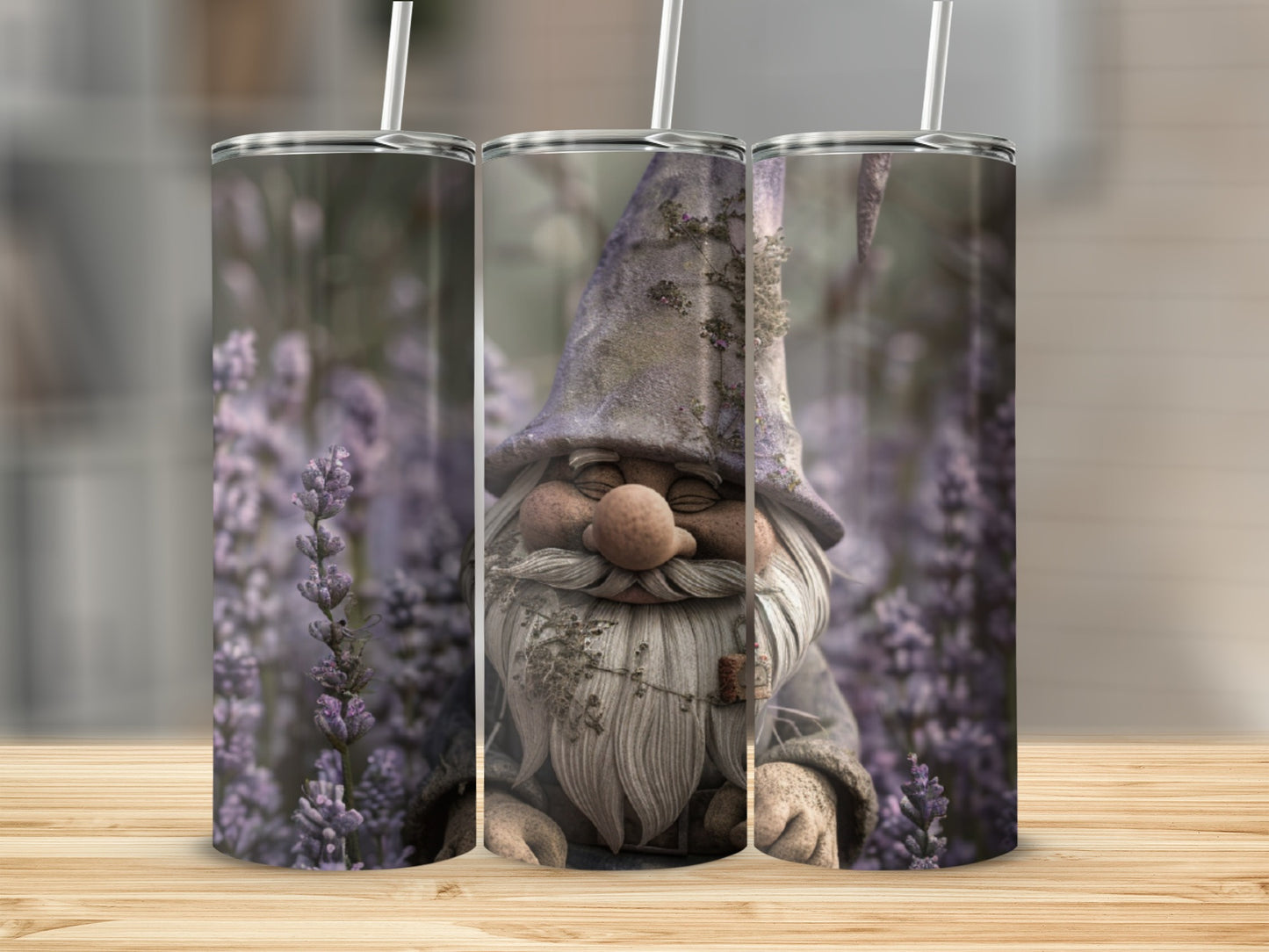 Gnome with braided beard and pointy hat in lavender field.