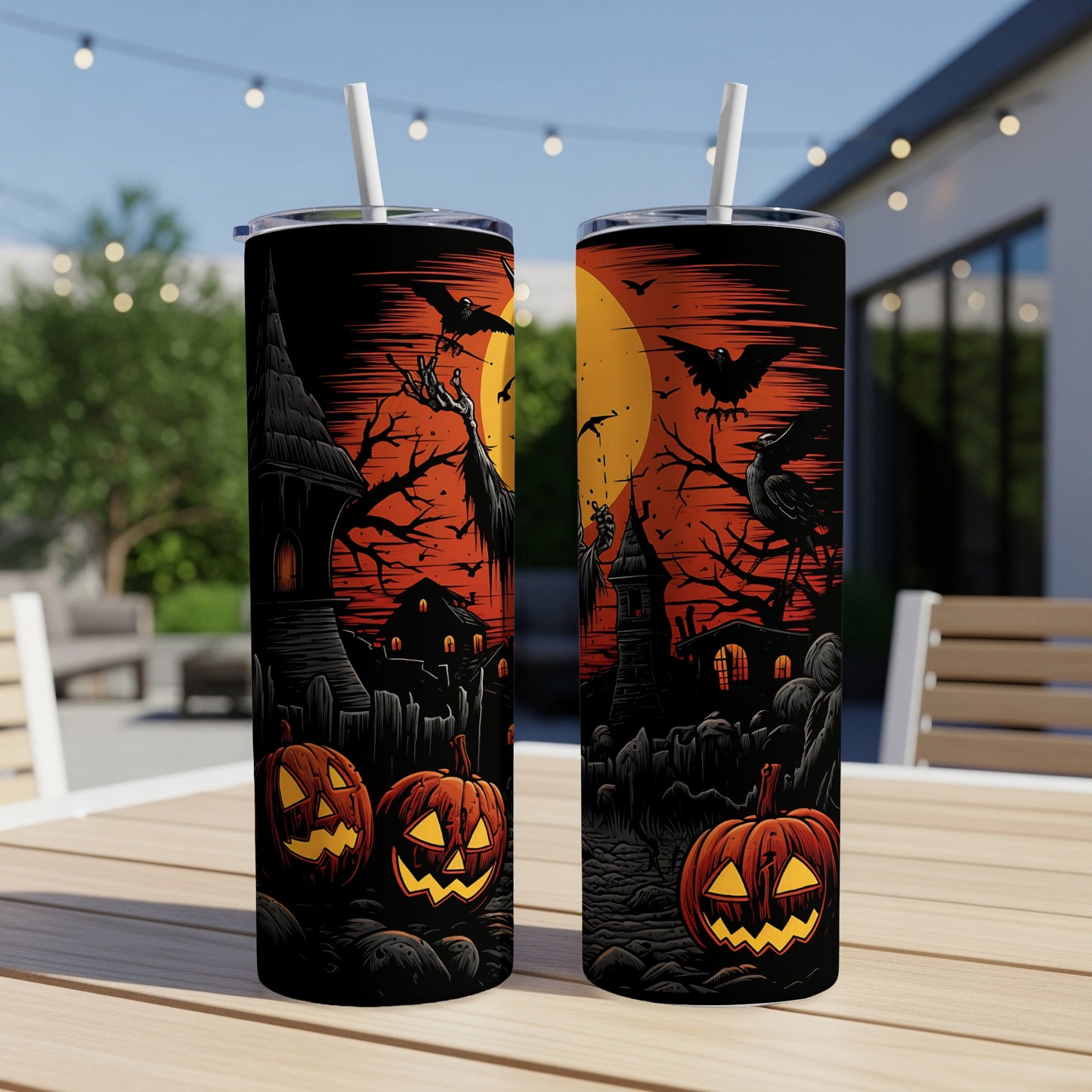 Halloween themed tumblers with spooky houses, bats, crows, and jack-o'-lanterns.