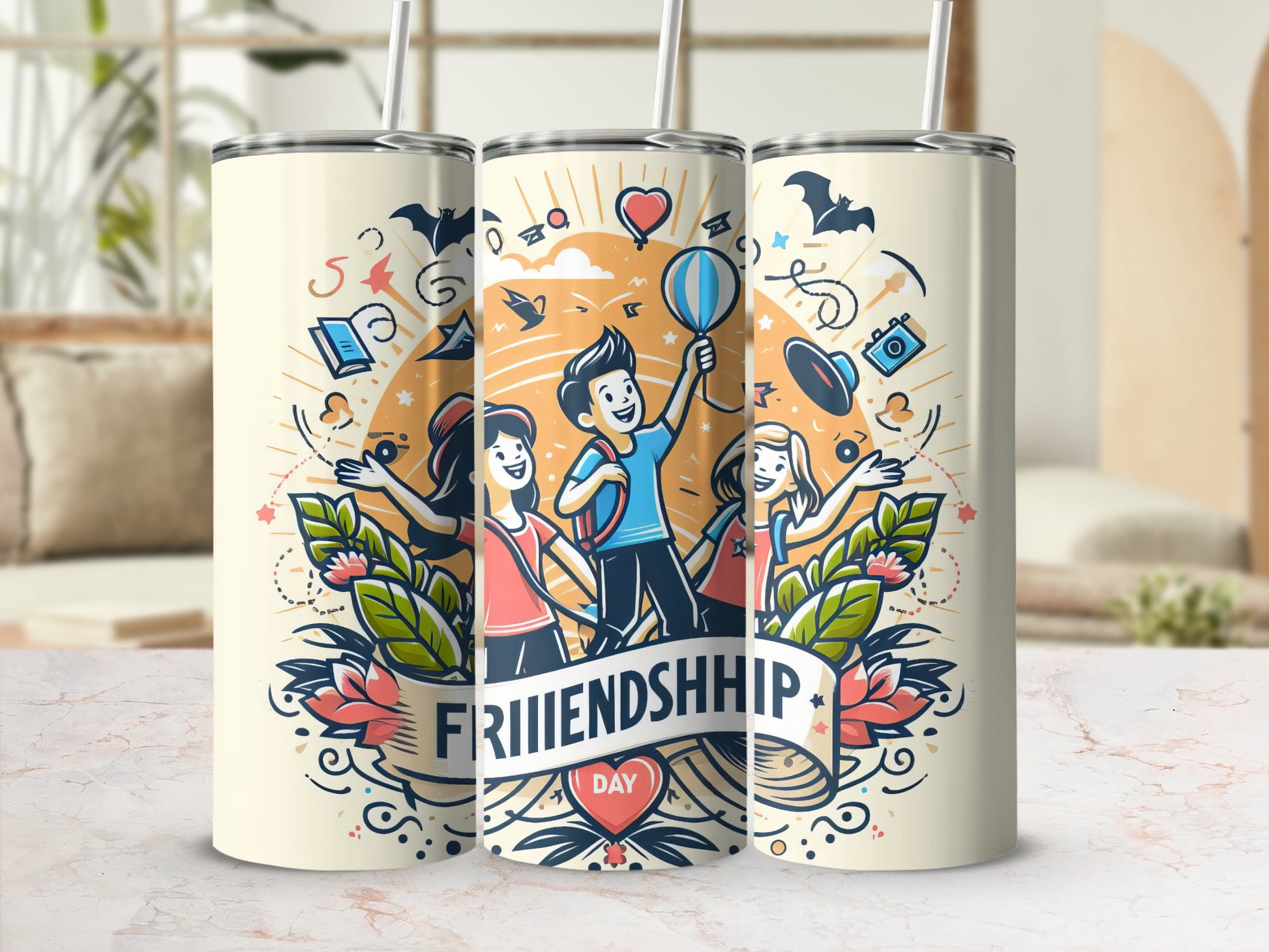 Colorful Friendship Day Themed Tumbler with Straw