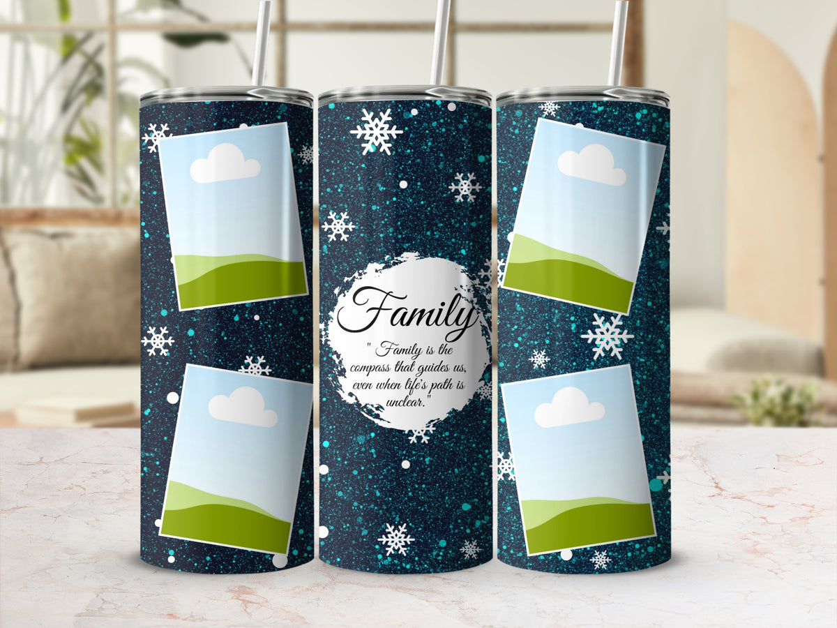 Dark blue tumbler with snowflakes, photo frames, and "Family is the compass" quote.