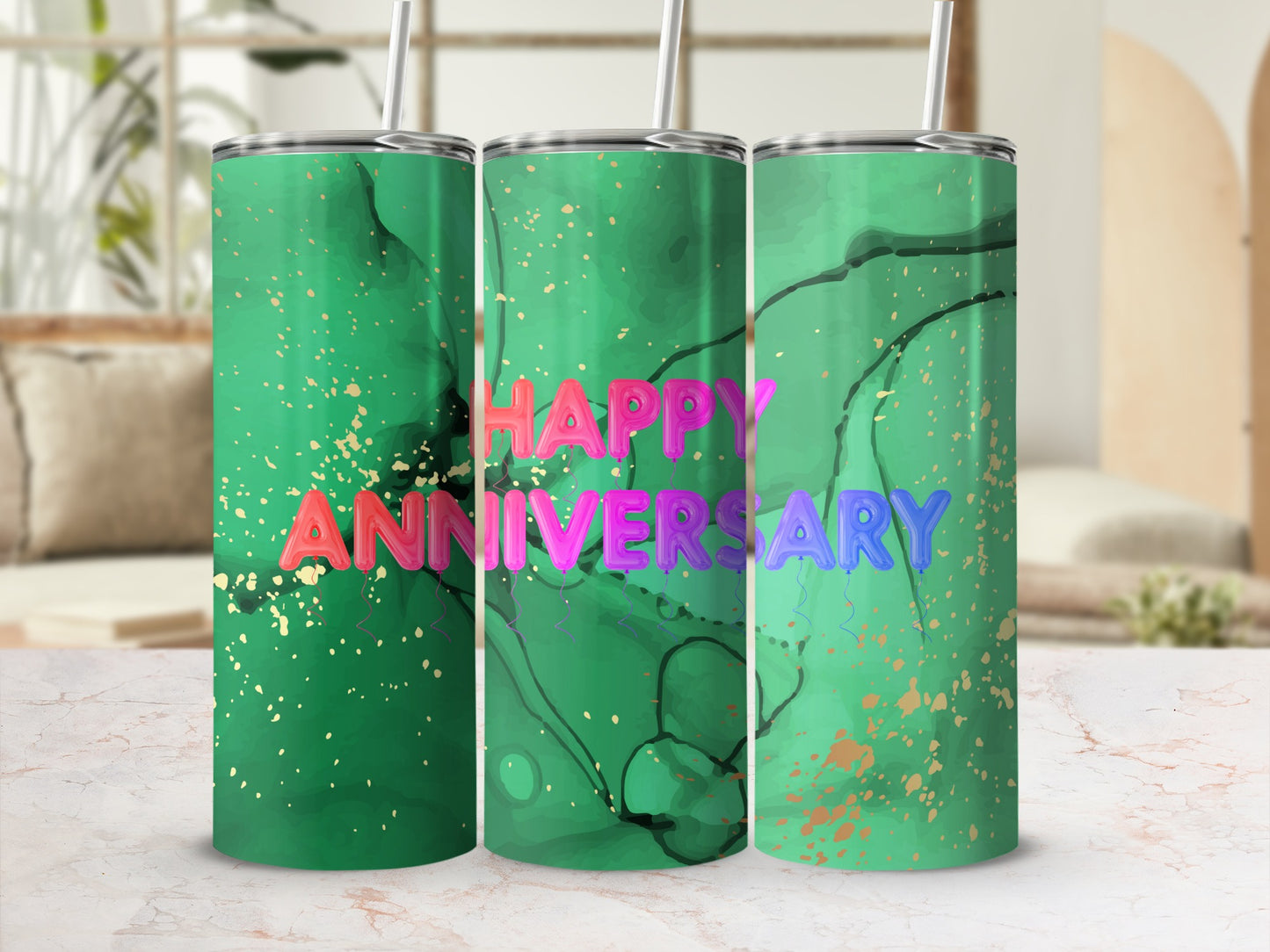 Green marble tumbler with "Happy Anniversary" text in colorful lettering.