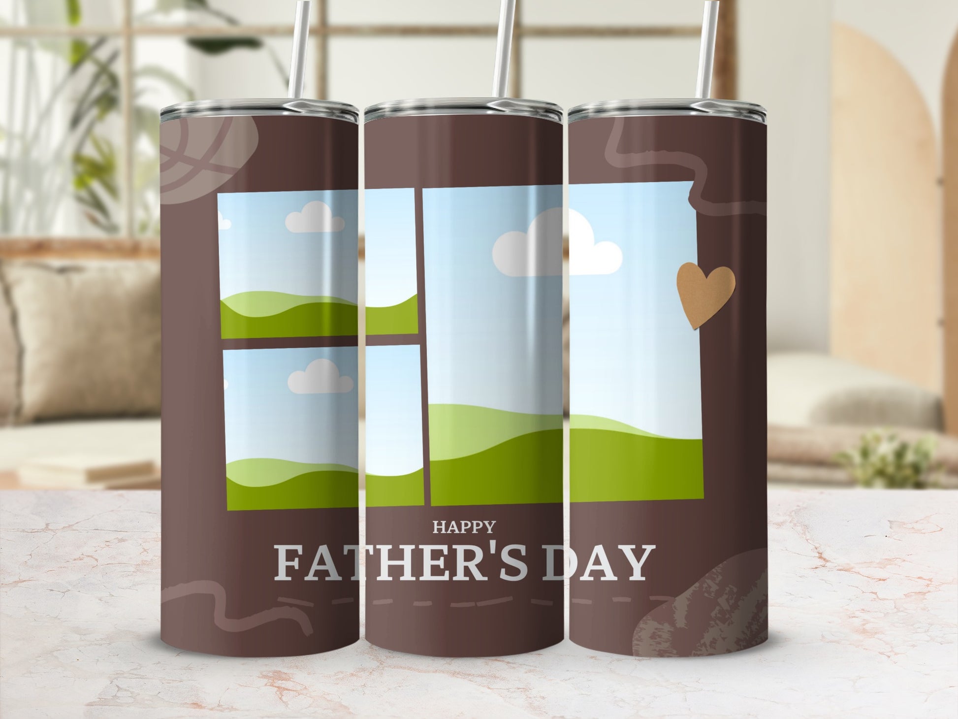 Tumbler with "Happy Father's Day" text and collage of nature photos.
