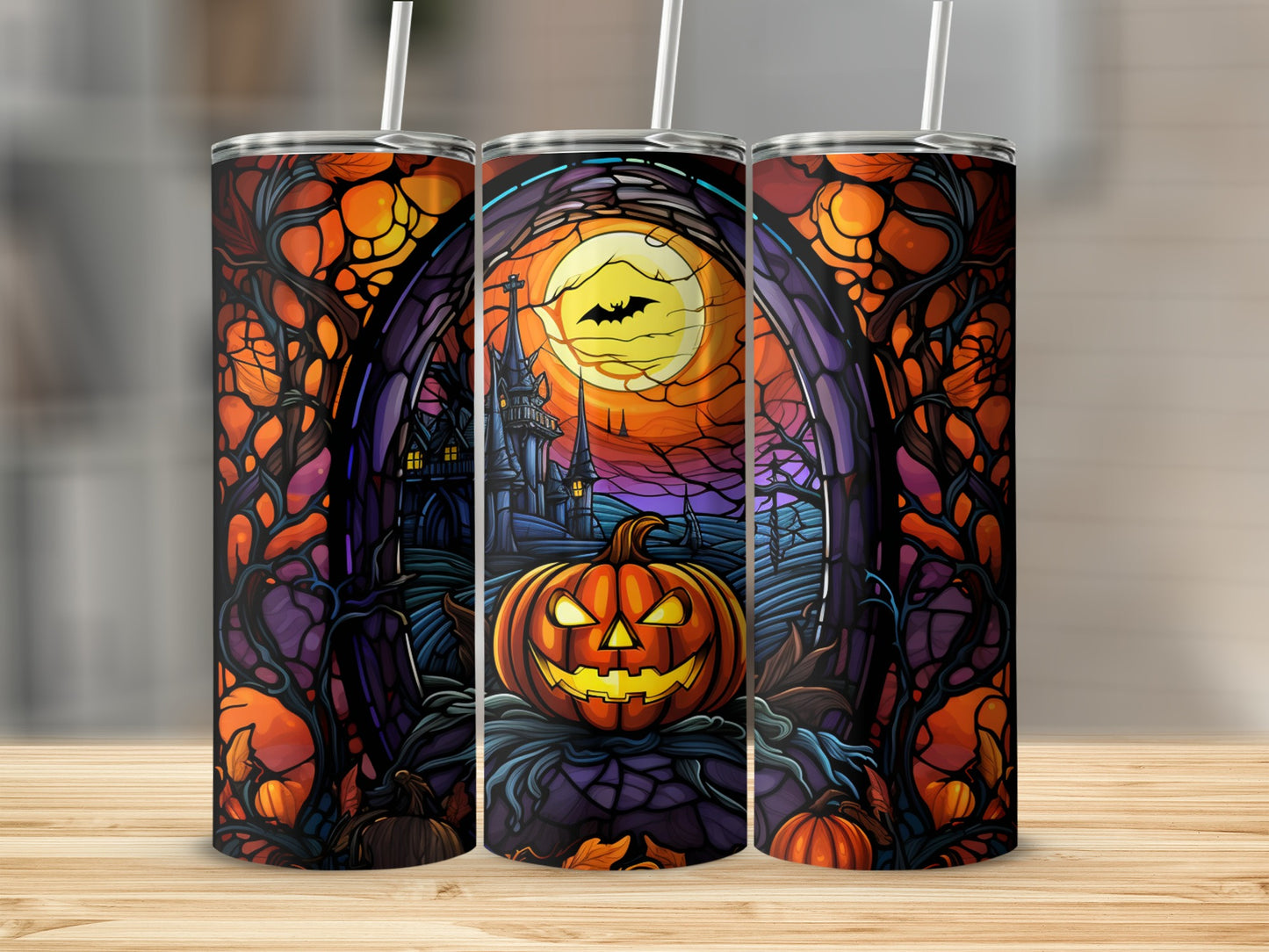 Halloween tumbler featuring a jack-o'-lantern and haunted castle under a full moon.