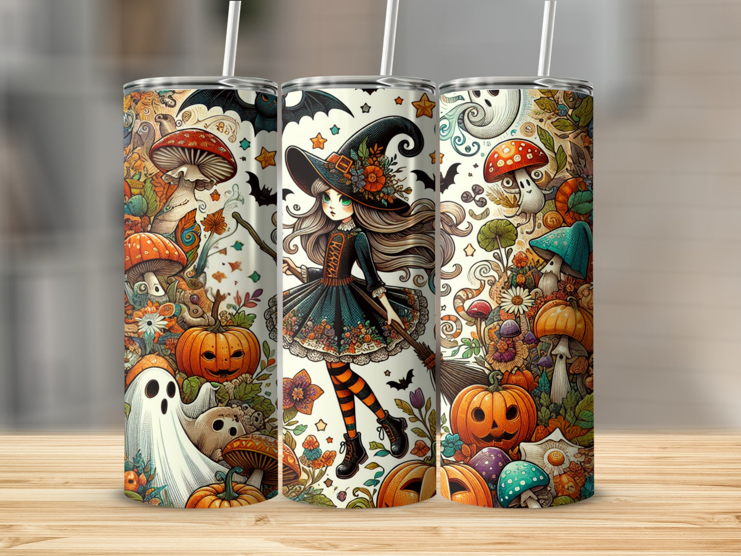 Three tumblers featuring a Halloween witch, ghosts, pumpkins, bats, and mushrooms.