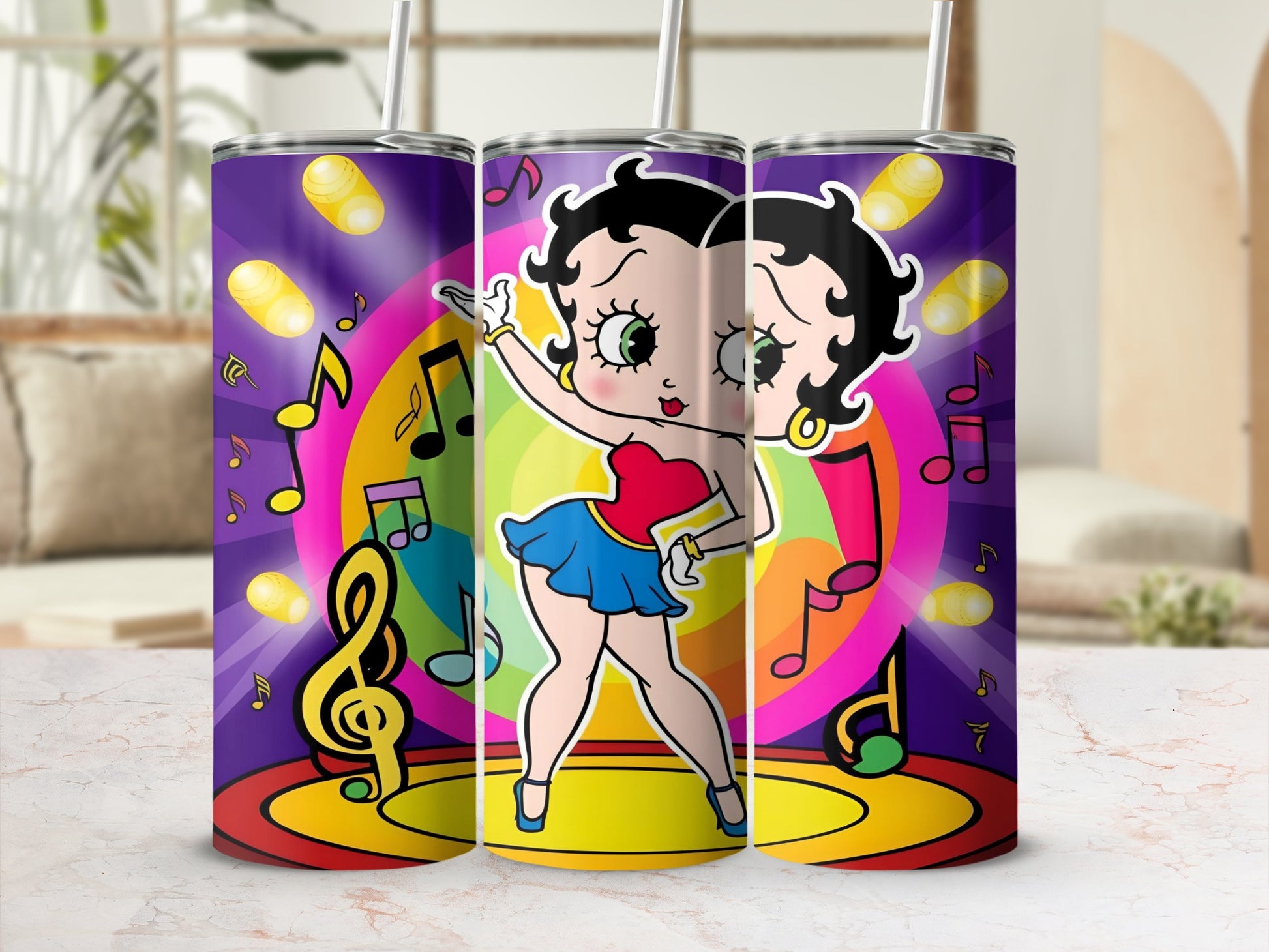 Betty Boop dancing with musical notes and spotlights on a purple background.