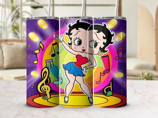 Betty Boop dancing with musical notes and spotlights on a purple background.