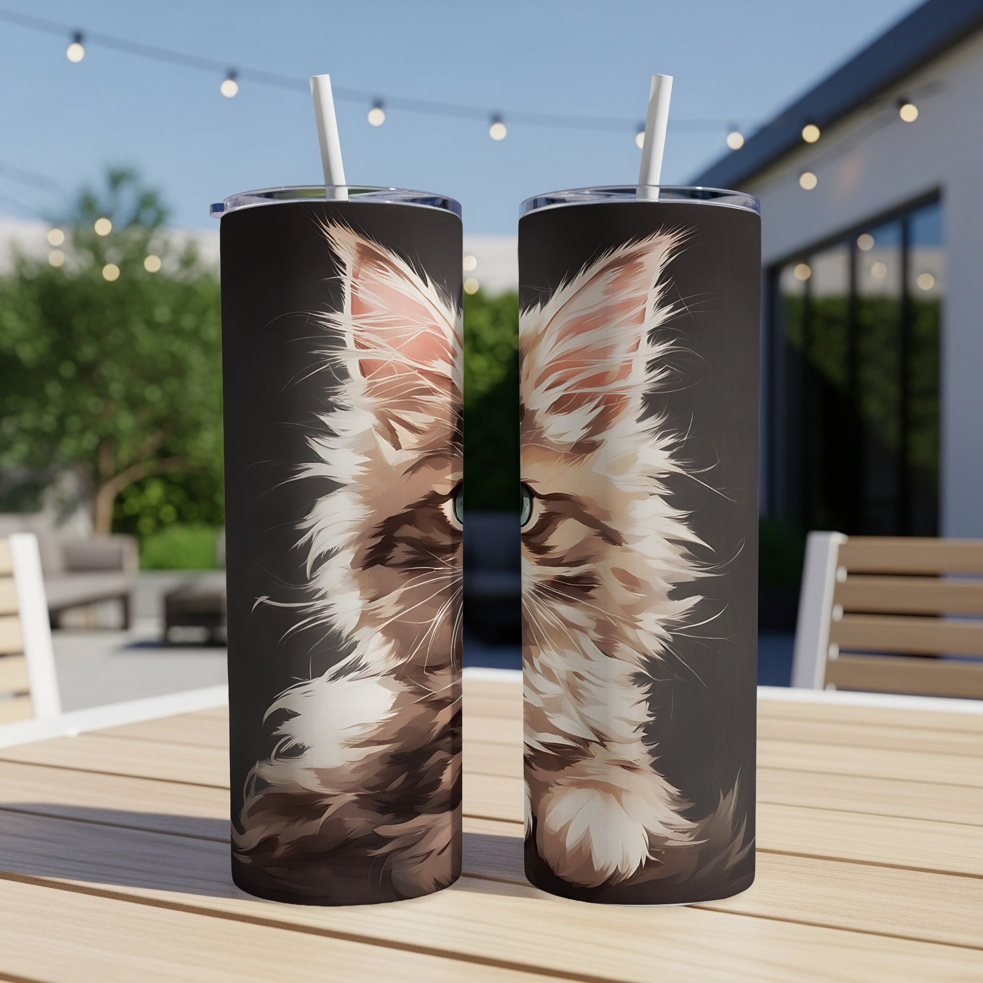 Close-up illustration of a fluffy cat's face on two black tumblers.