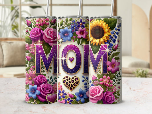 Floral "Mom" tumbler with sunflower, leopard heart, and purple glitter.