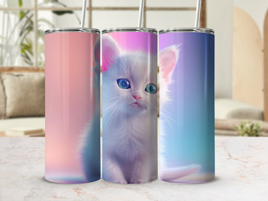 White kitten with blue eyes on a pink, purple, and blue ombre tumbler.