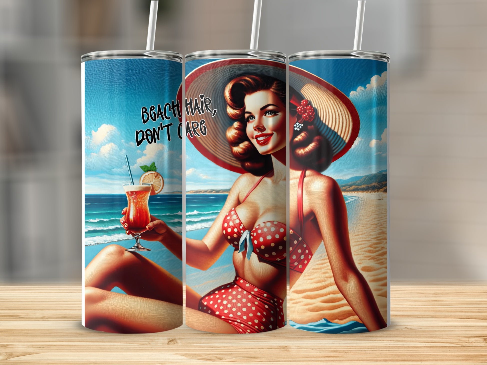 Woman in swimsuit and hat on beach holding cocktail, "Beach Hair, Don't Care".