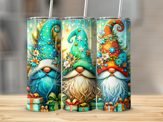 Festive Gnome Trio Tumbler With Colorful Holiday Design