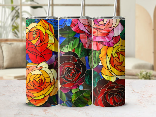 Three stained-glass effect tumblers featuring colorful rose designs.