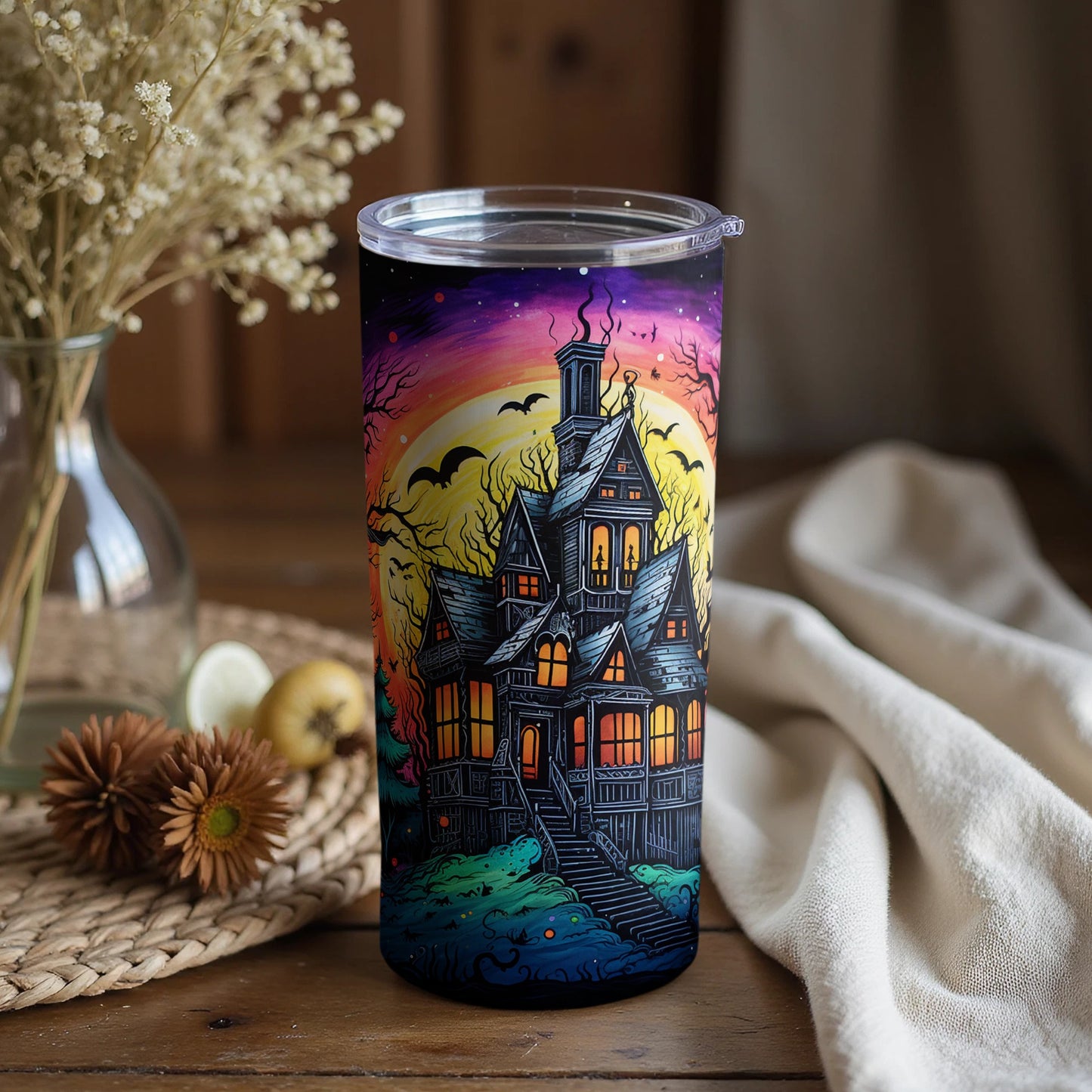 Haunted House Tumbler with Spooky Night Illustration