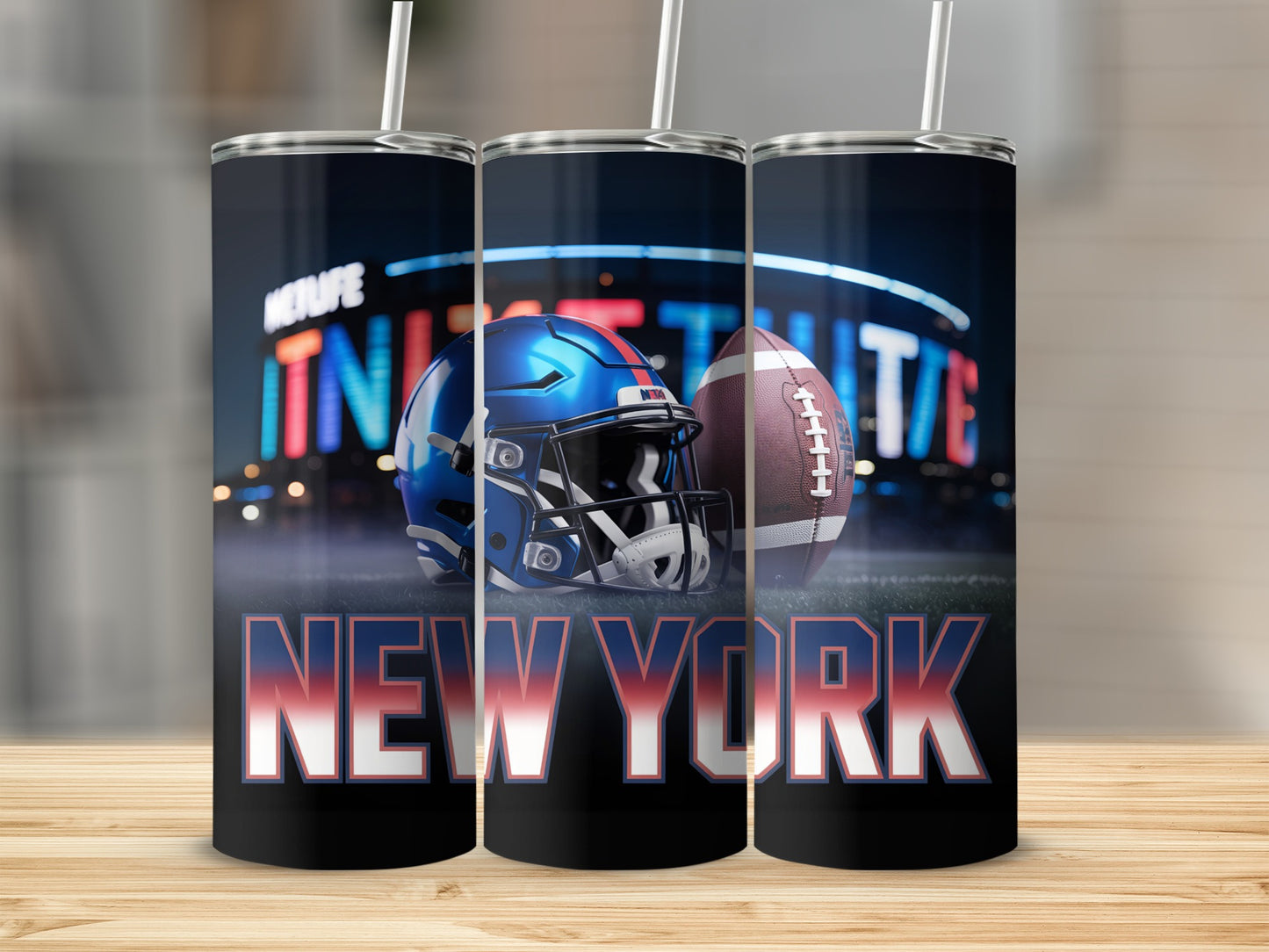 New York Giants football helmet and ball on stadium background, tumbler design.