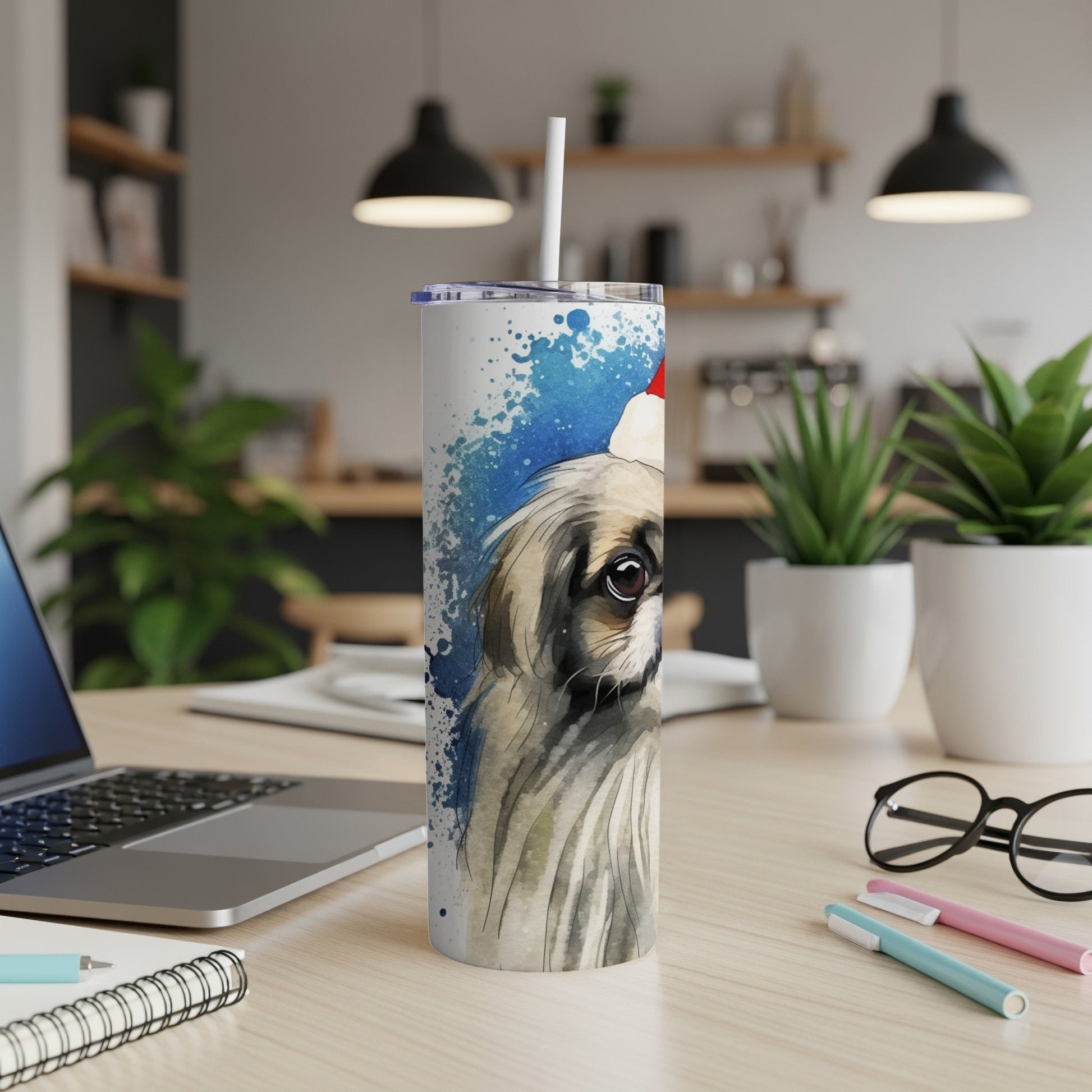 Watercolor Pekingese dog wearing a Santa hat on a tumbler.