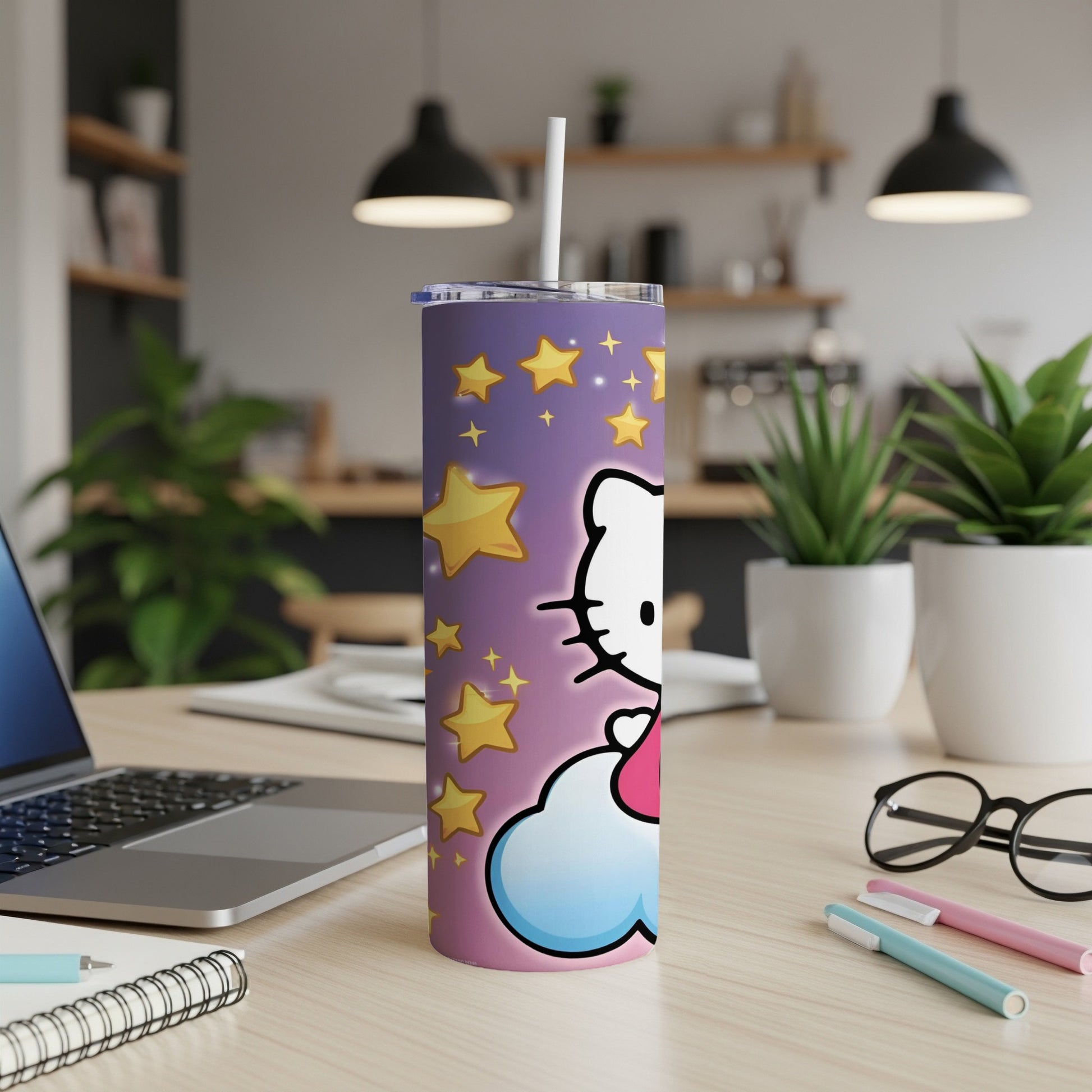 Hello Kitty on a cloud with stars on a pink gradient tumbler.