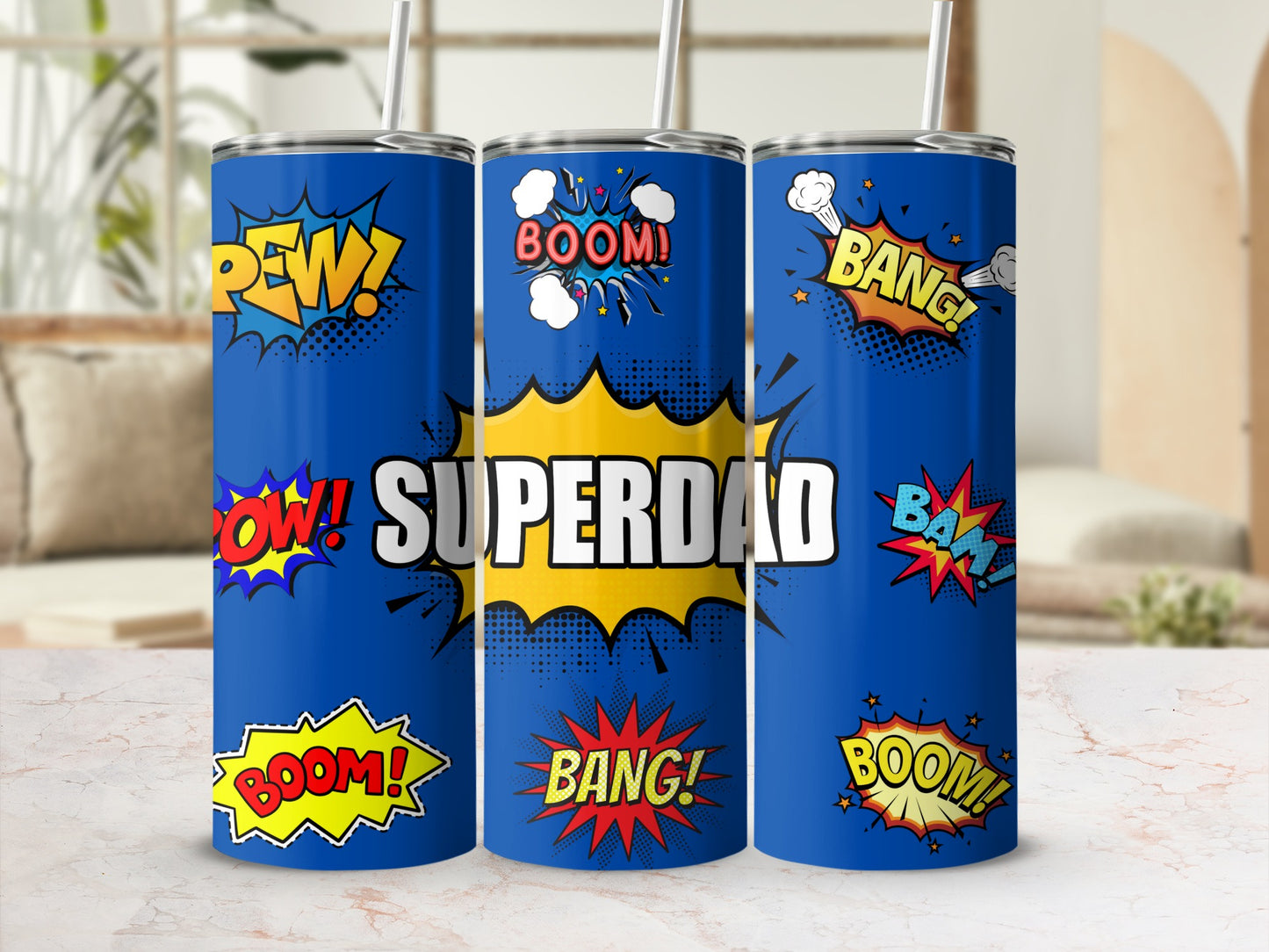 Blue tumblers with "PEW!", "BOOM!", "BANG!", and "SUPERDAD" in comic book style.