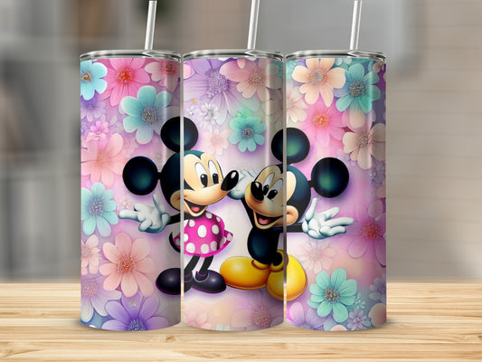 Colorful Floral Design with Animated Characters Cup