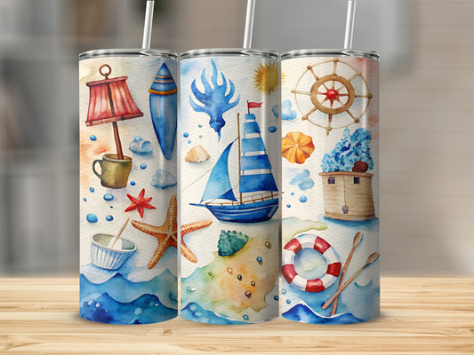 Watercolor beach scene with lighthouse, sailboat, and starfish on three tumblers.