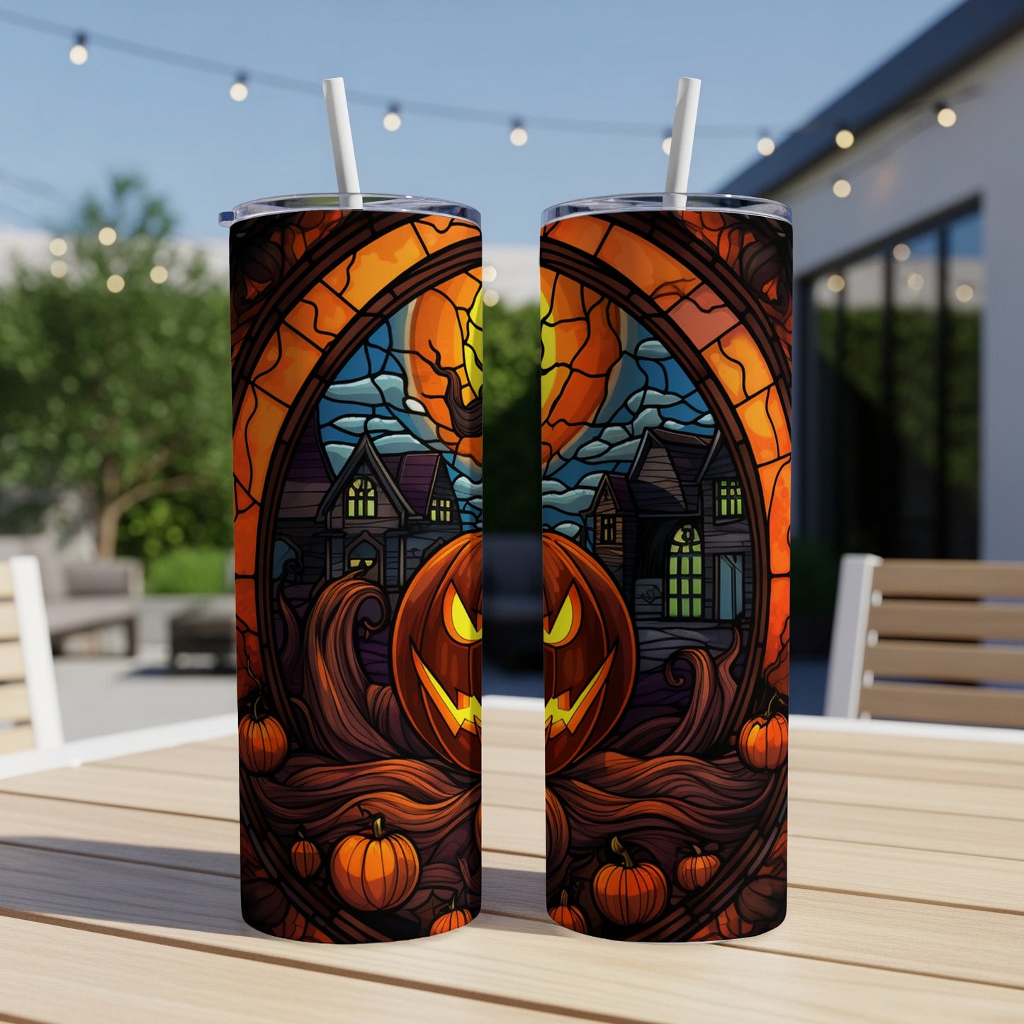 Halloween-themed tumbler with stained-glass-style jack-o'-lantern and haunted house design.
