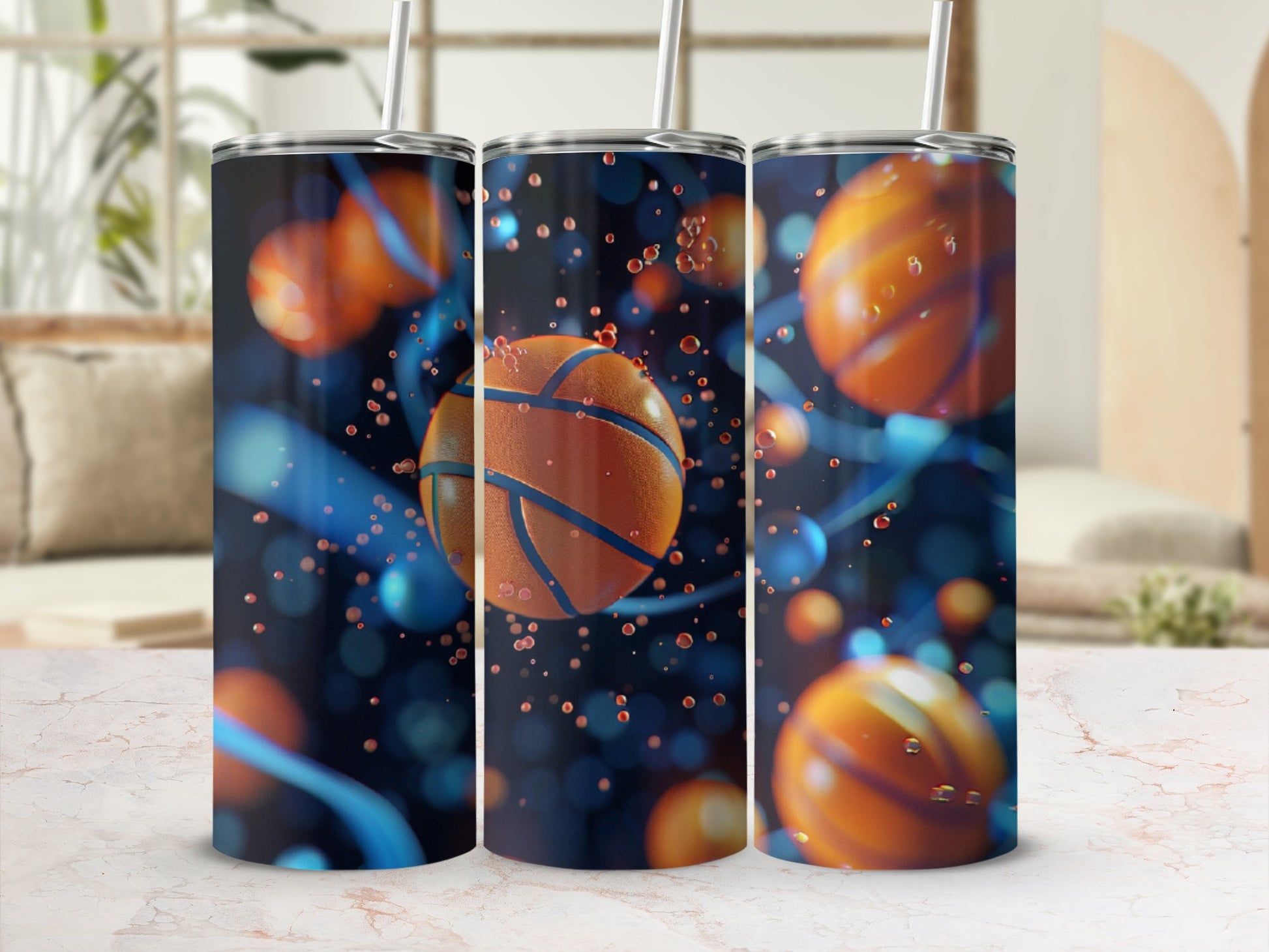 Three tumblers with basketball and blue swirl design.