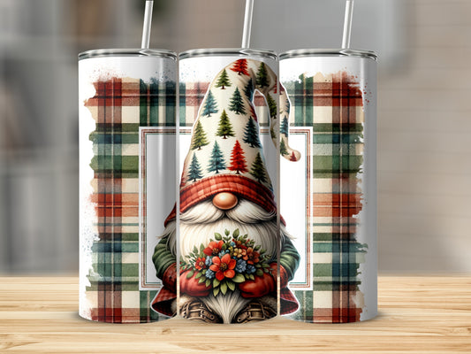 Gnome with bouquet of flowers on plaid background, three tumblers.