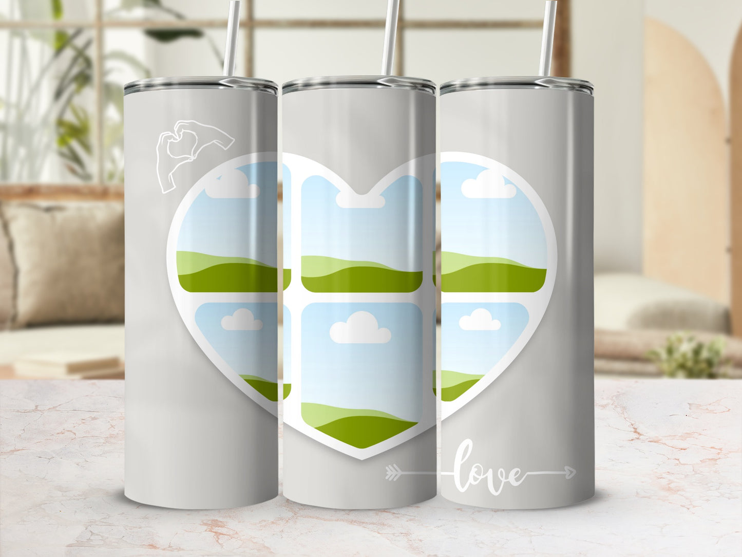 Three gray tumblers with heart frame for photos and "love" text.