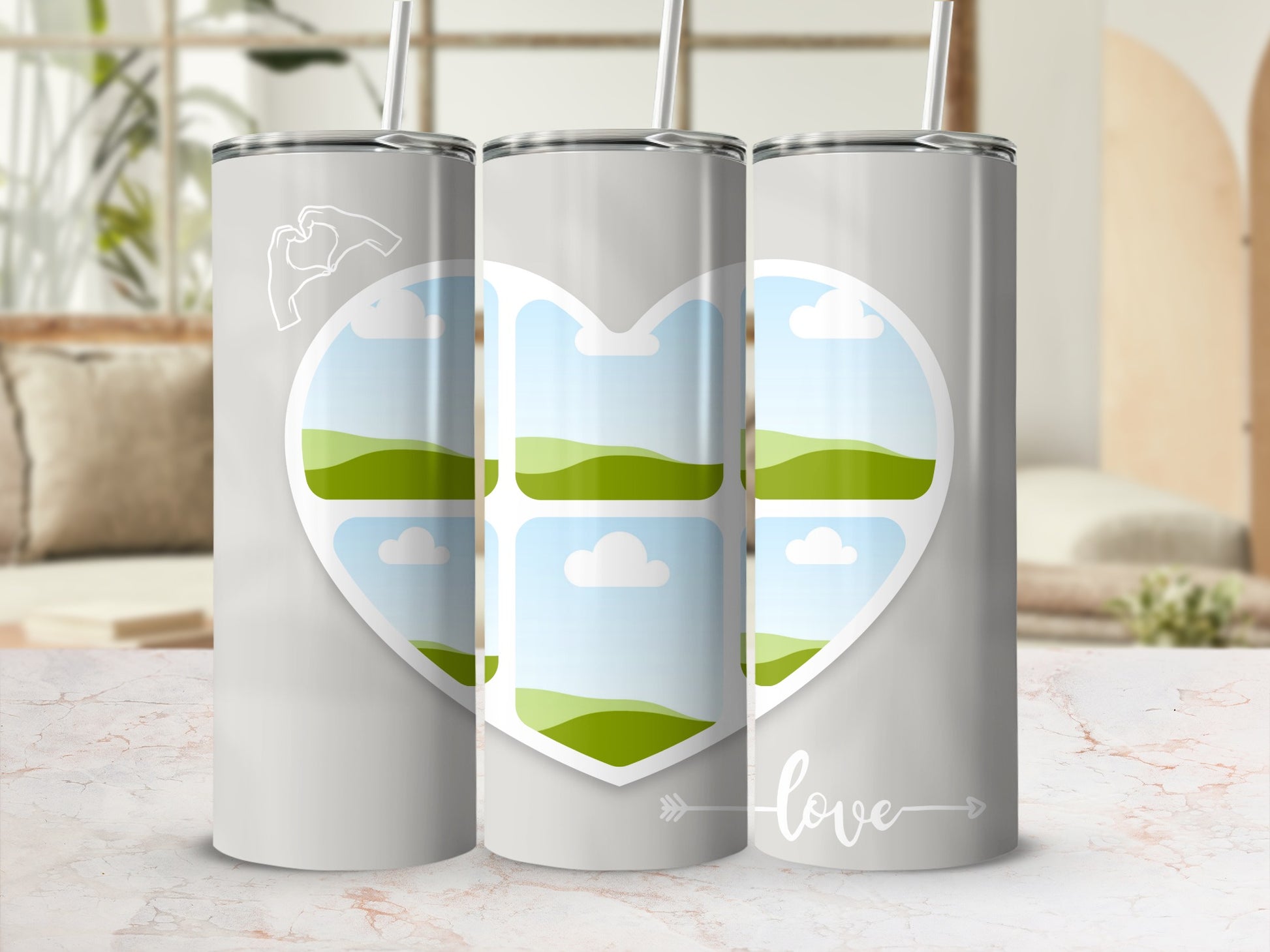 Three gray tumblers with heart frame for photos and "love" text.