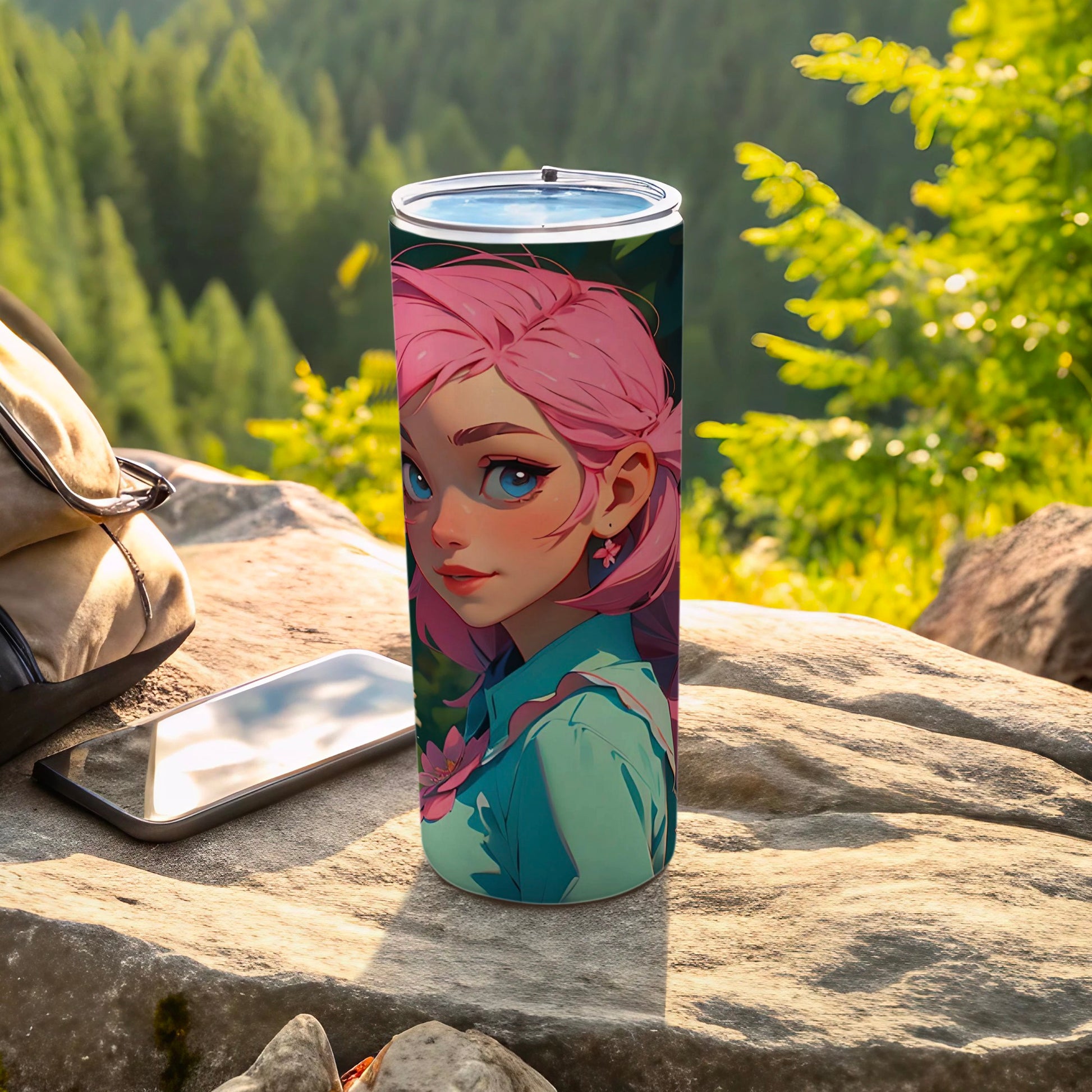 Vibrant Pink Haired Anime Character Travel Tumbler