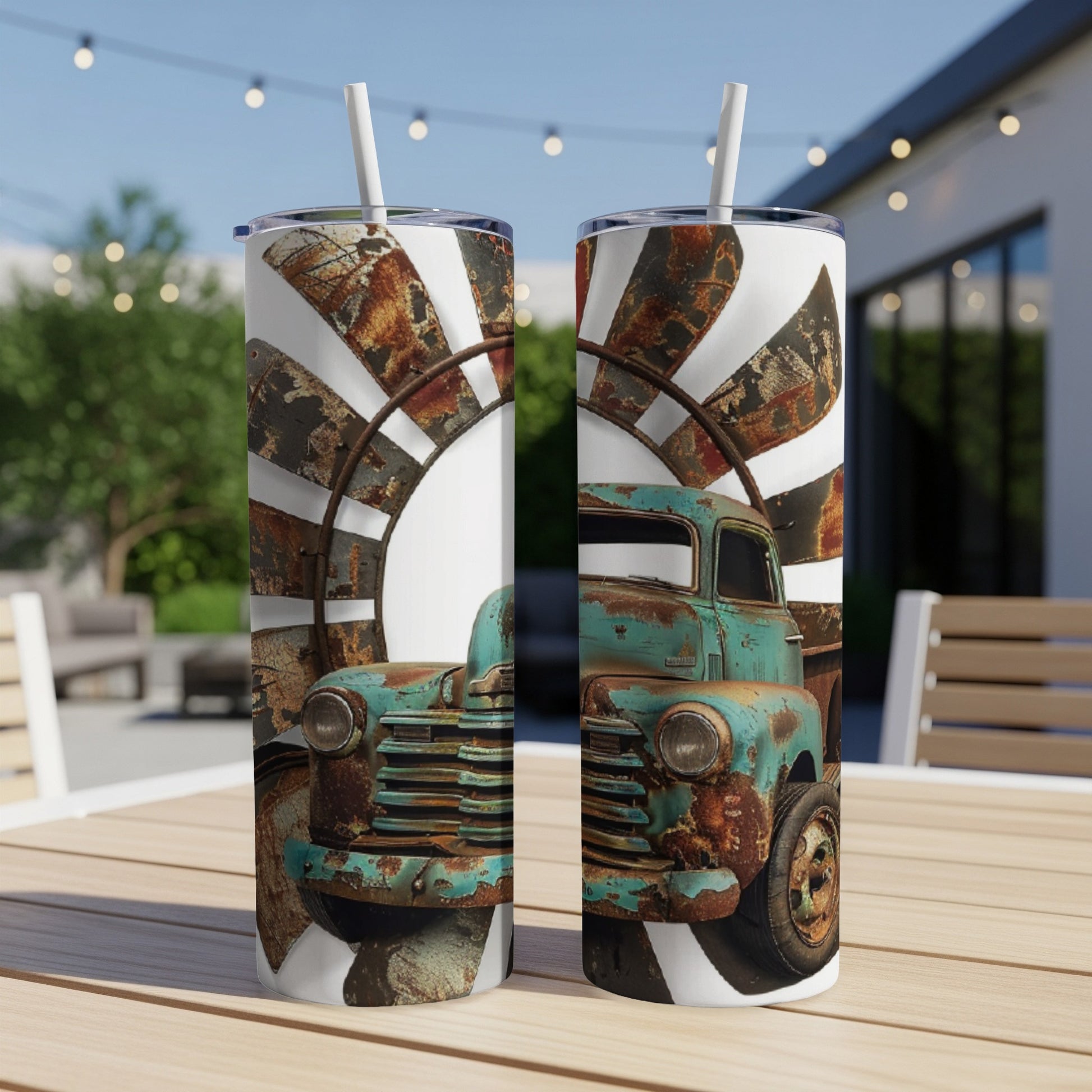 Distressed turquoise truck with sunburst behind, on a white tumbler.