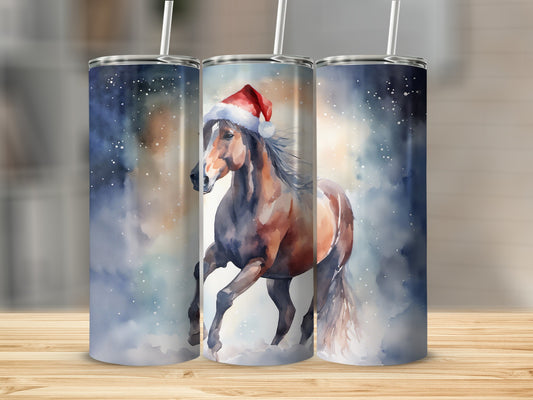 Brown horse in Santa hat in snowy watercolor with festive lights.
