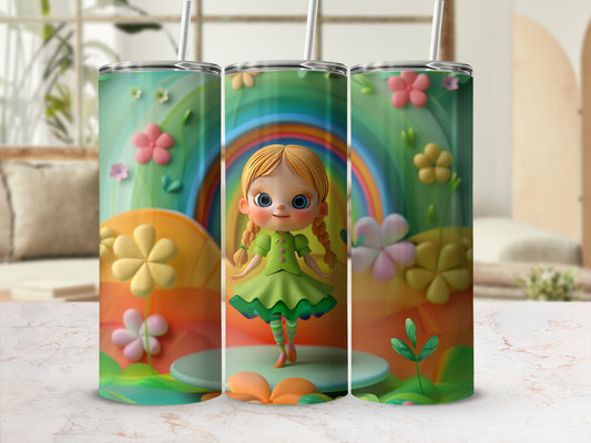 Cartoon girl in green dress with braided hair, surrounded by flowers and a rainbow.