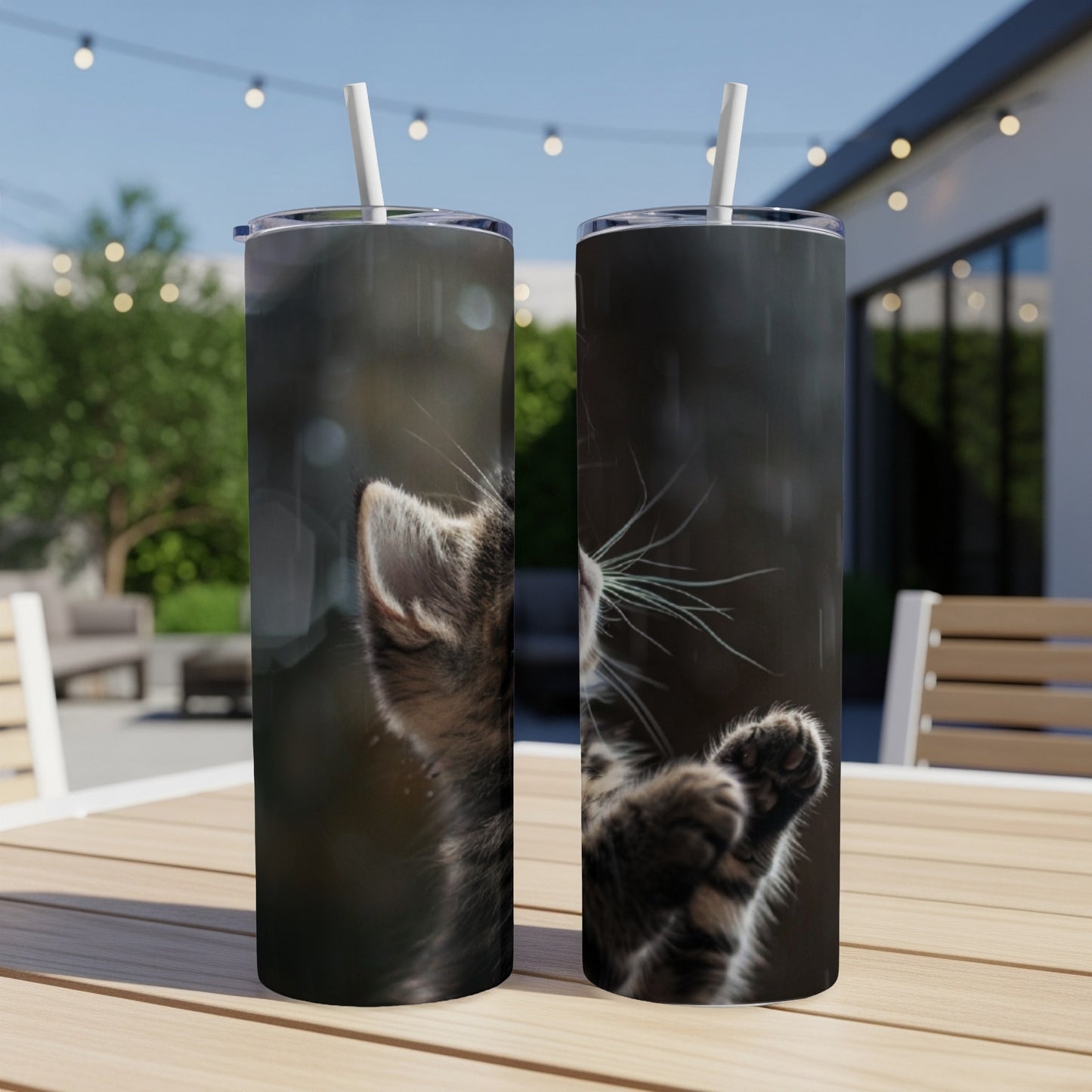 Two tumblers featuring a close-up of a kitten reaching out with its paw.