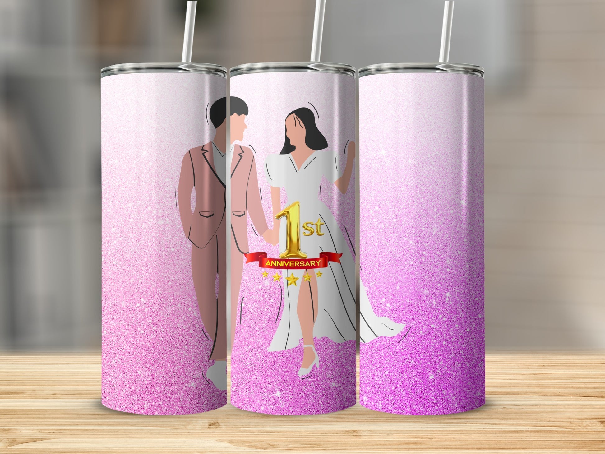 Couple in wedding attire with "1st Anniversary" banner, pink glitter design.