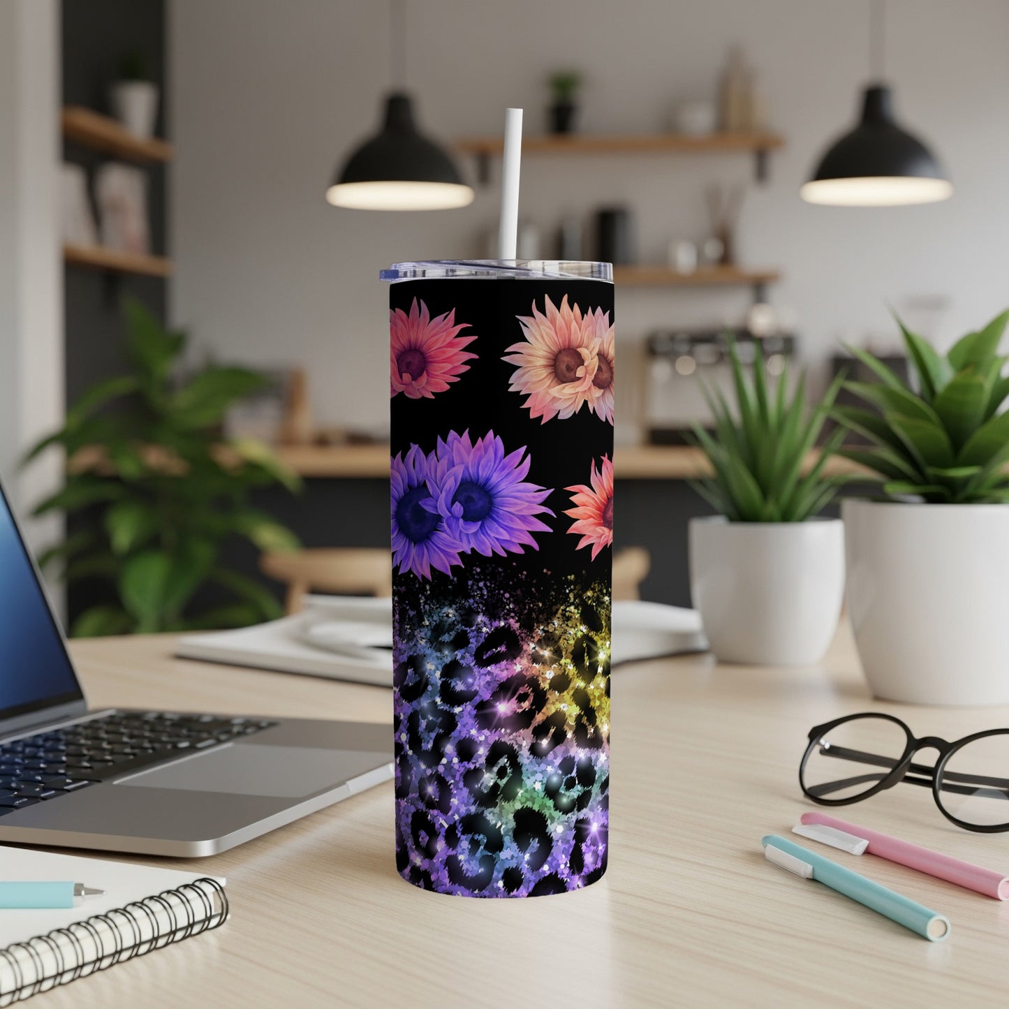 Tall tumbler with leopard print and colorful floral accents.
