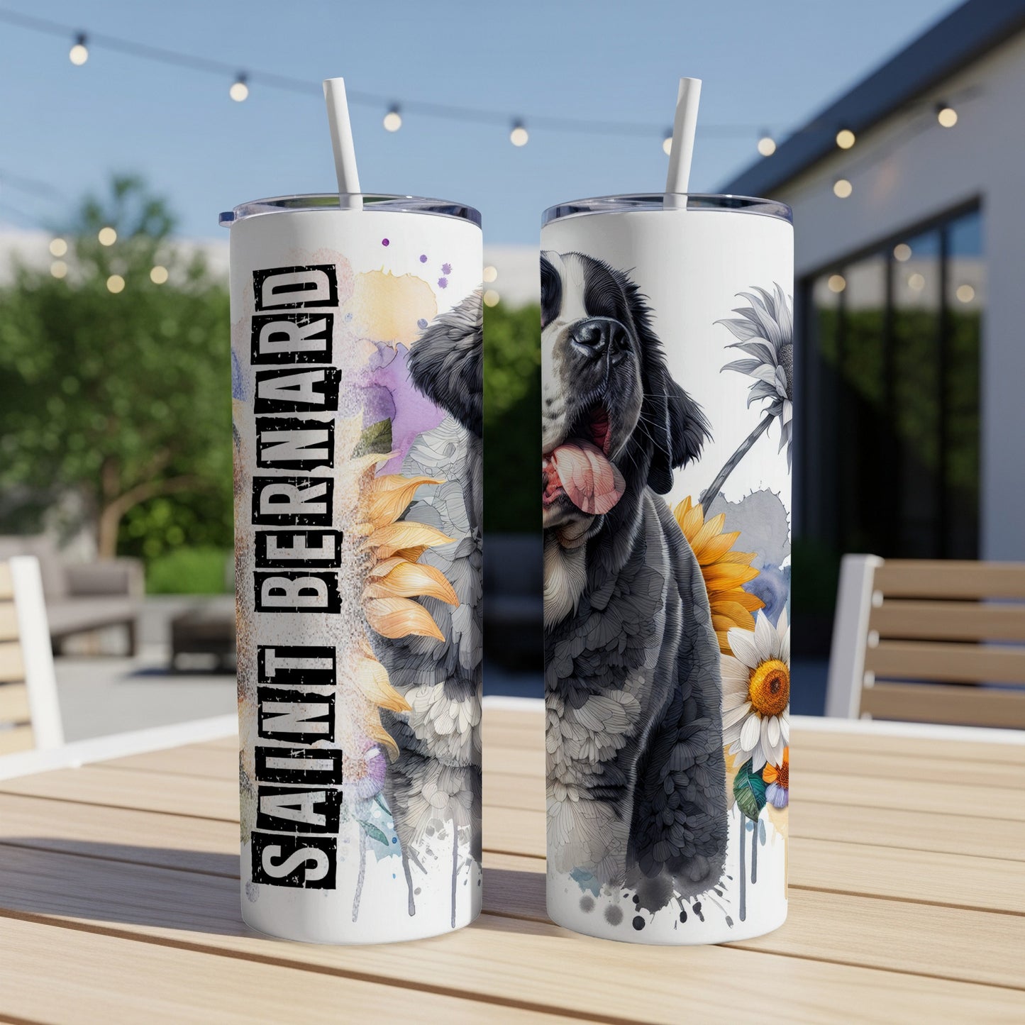 Saint Bernard dog illustration with sunflowers on a white tumbler.