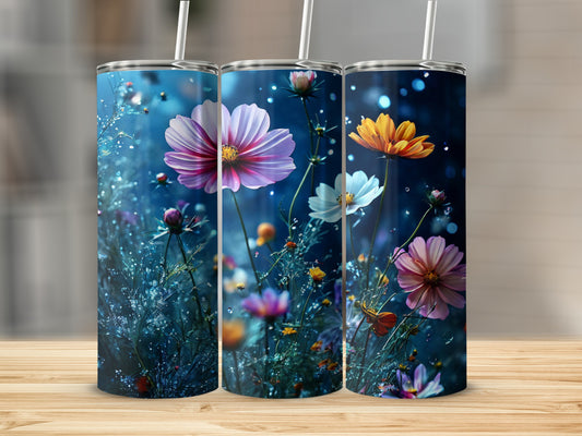 Cosmos flowers and bokeh lights on three cylindrical tumblers.