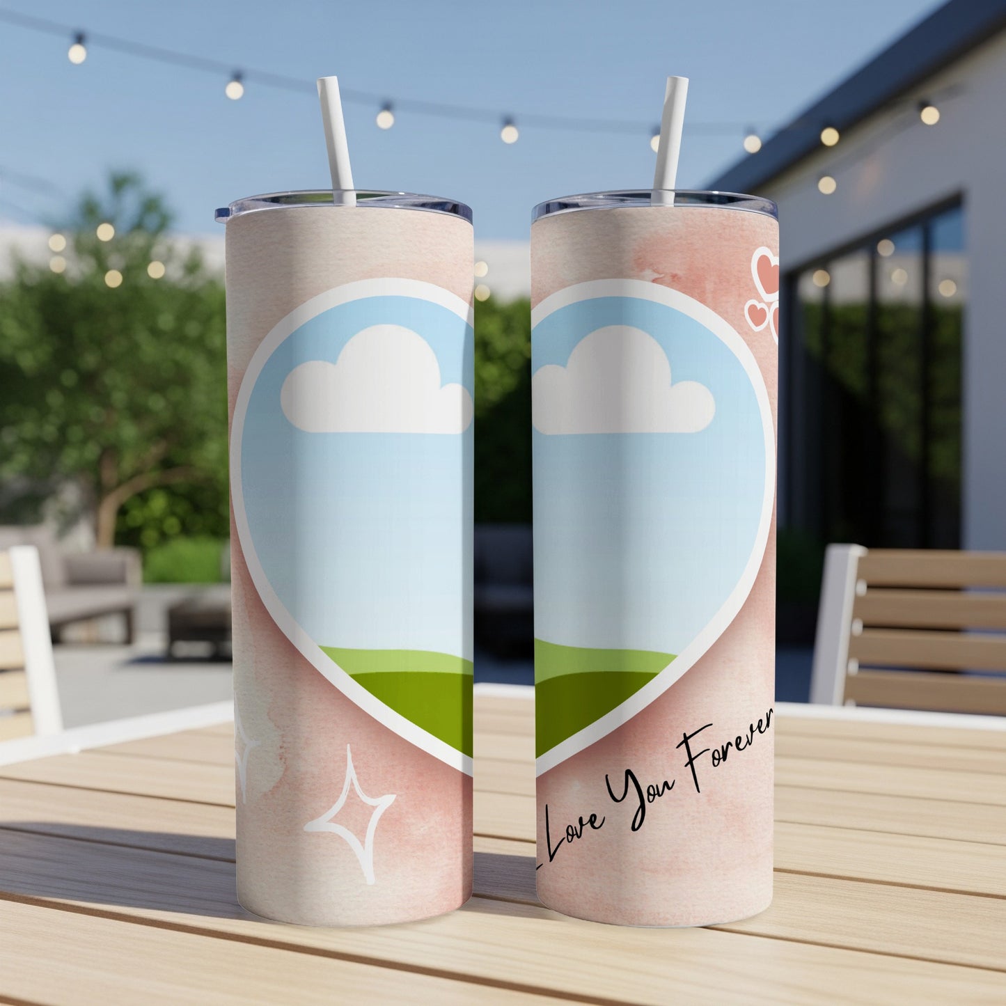 Two tumblers with heart designs and "Love You Forever" text.